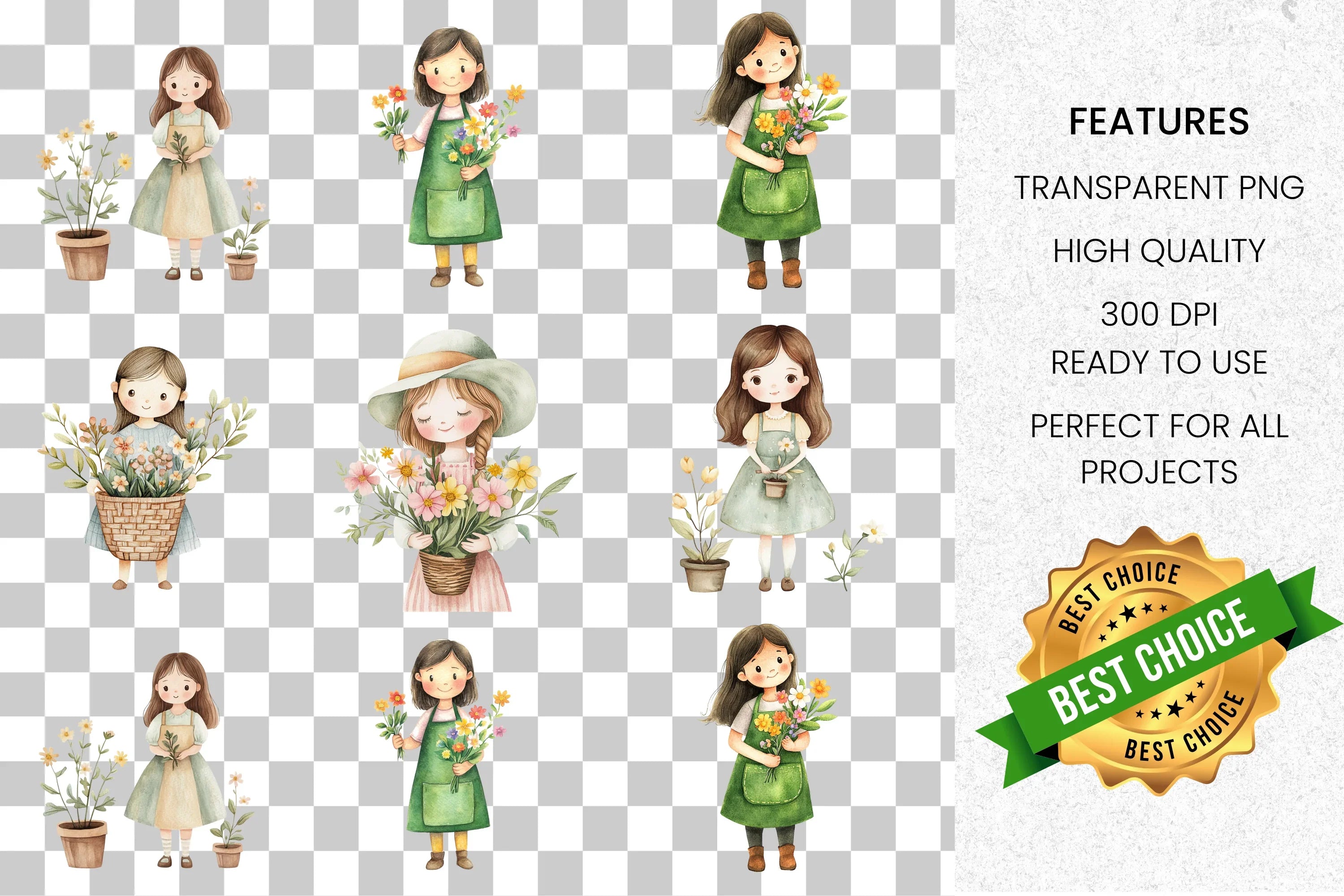Cute Girls Gardening Clipart Bundle