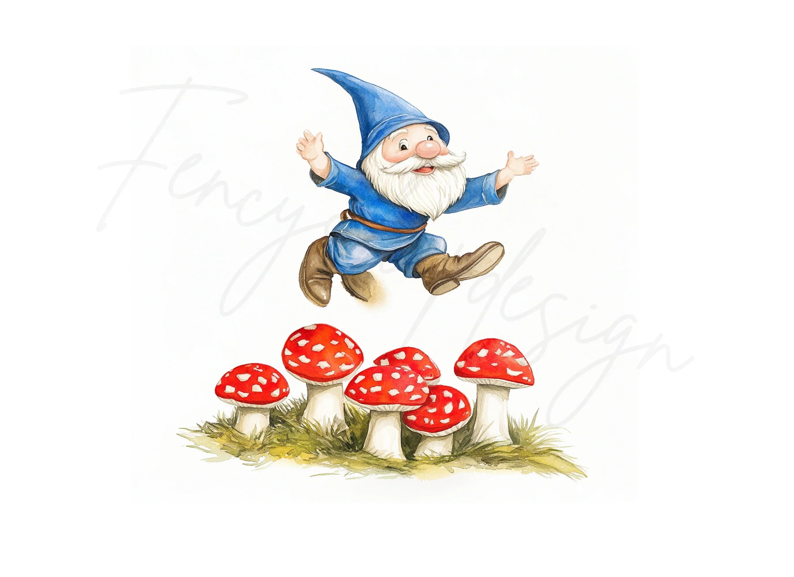 Jumping Gnome with Red Mushrooms Clipart Bundle