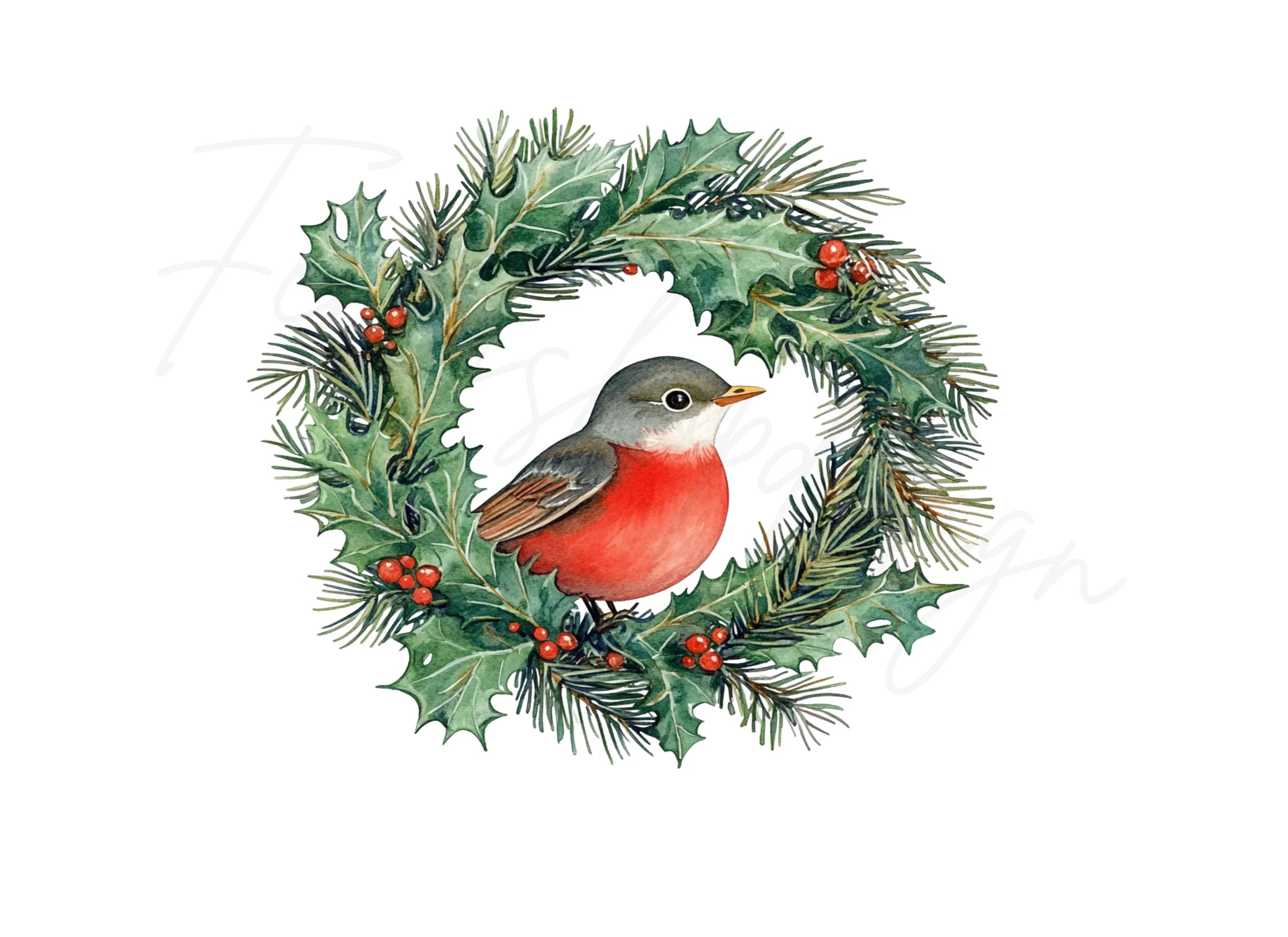 Festive Holly Wreath with Robin Clipart Bundle