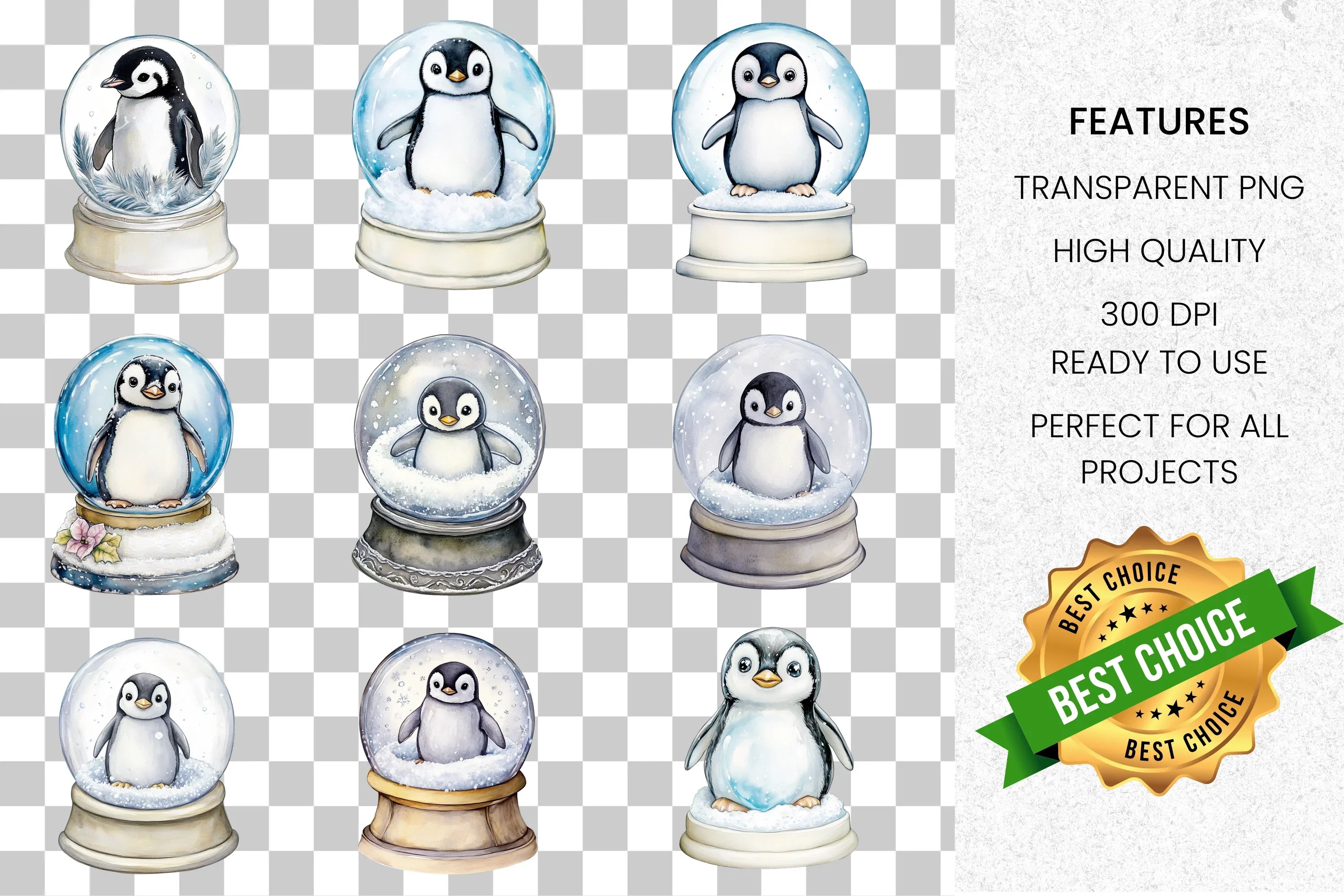 Cute Penguin Snow Globes Clipart Bundle