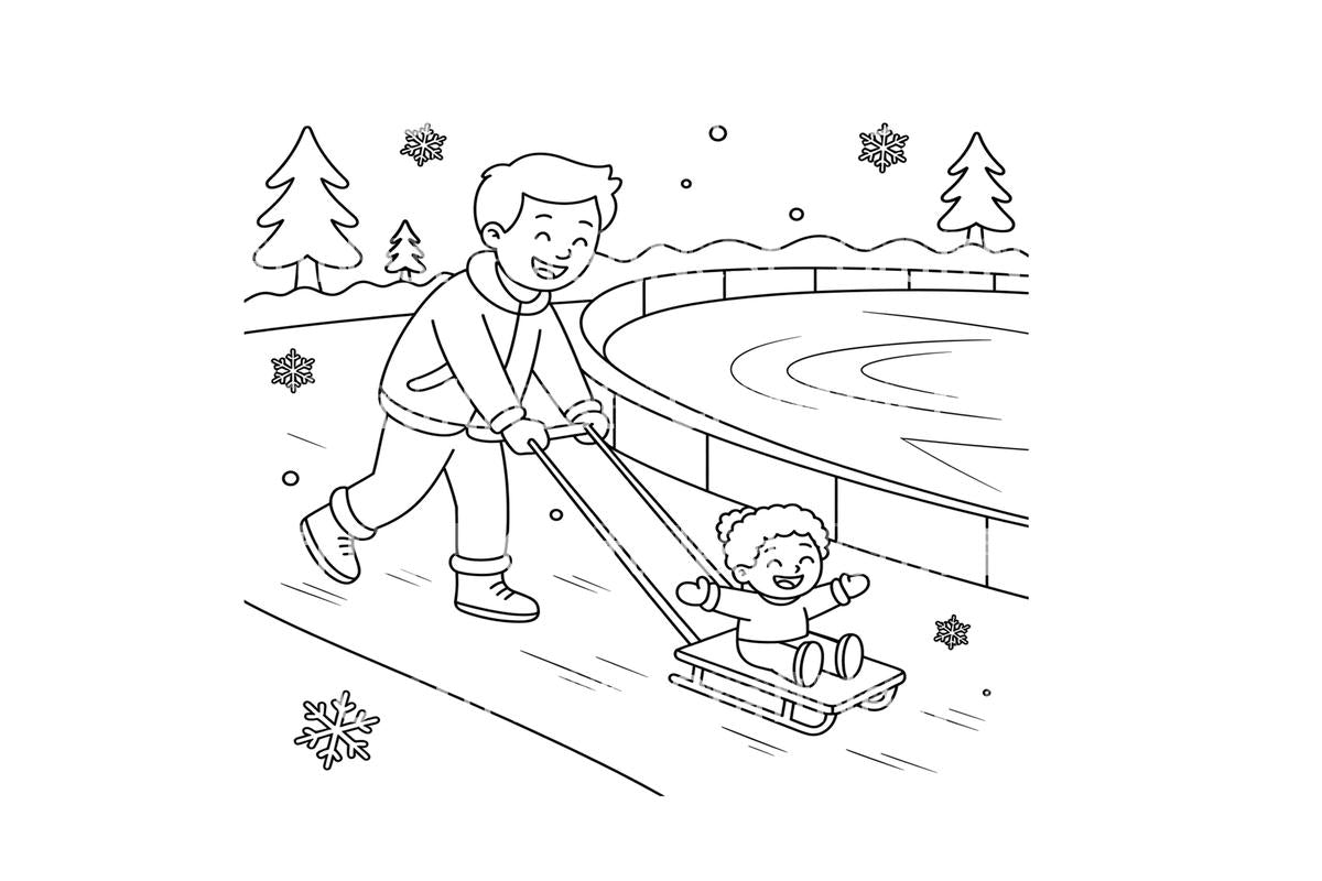 Father and Child Sledding Fun Coloring Books