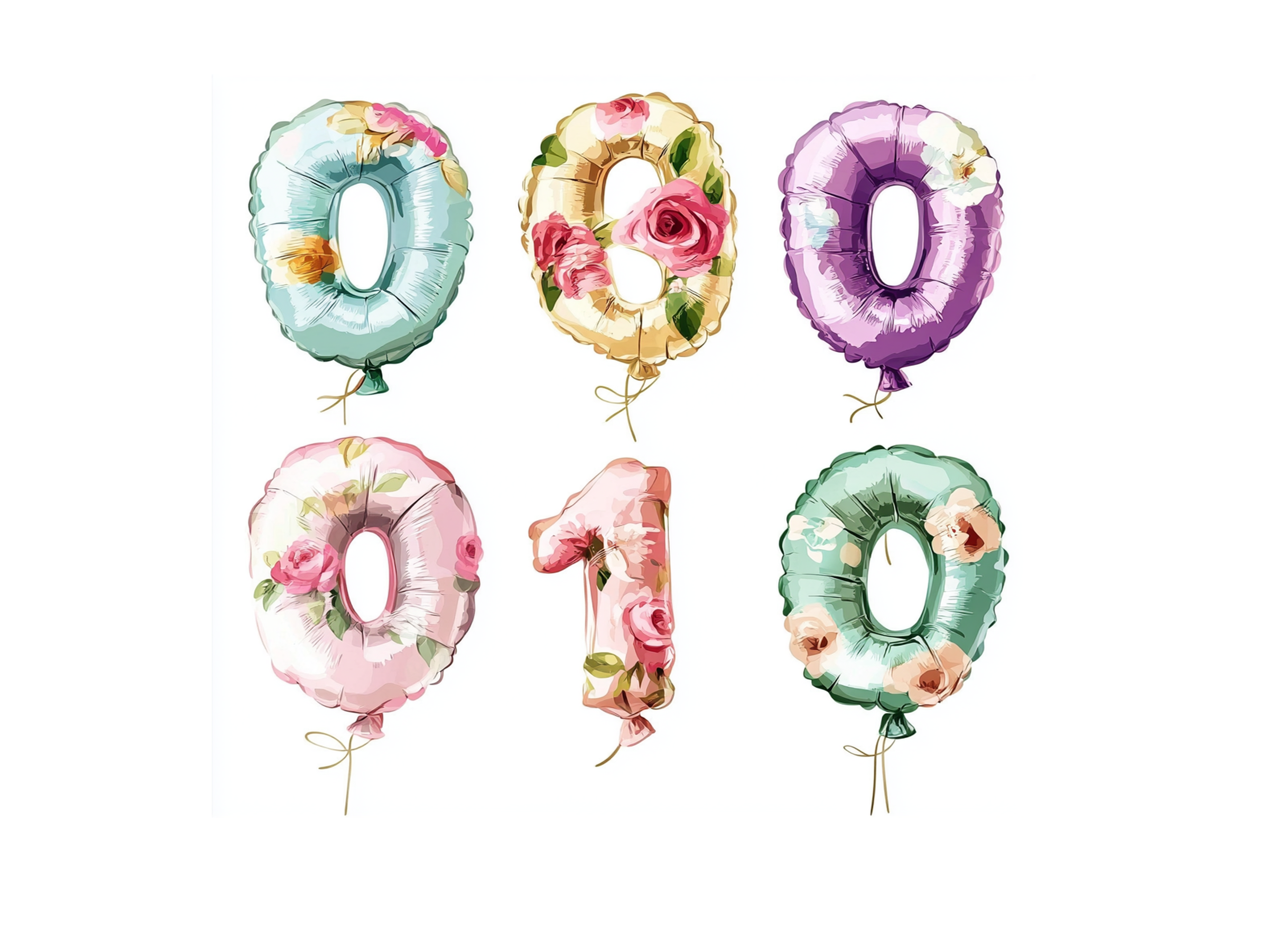 Floral Number Balloons Clipart Bundle