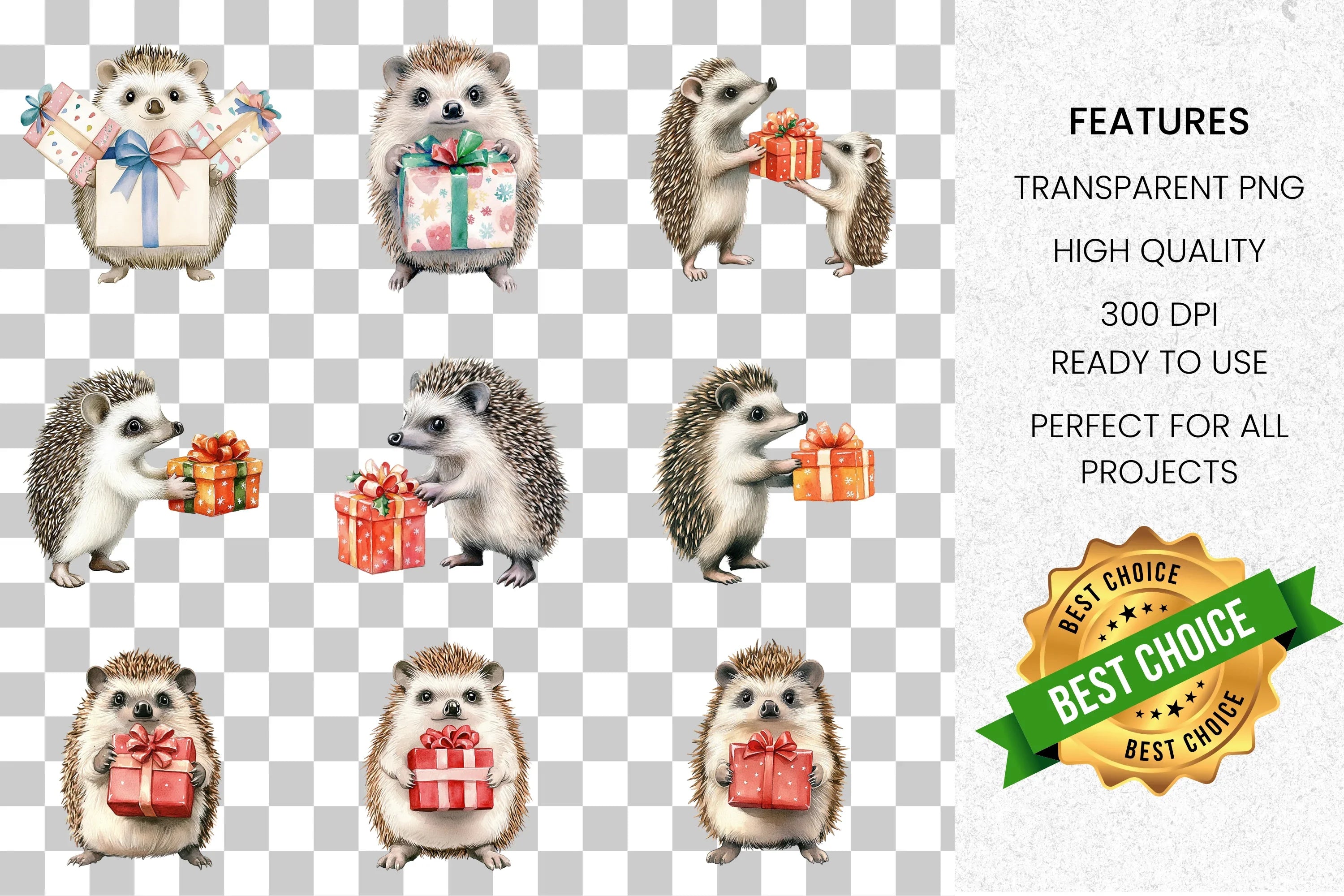 Cute Hedgehog with Gifts Clipart Bundle