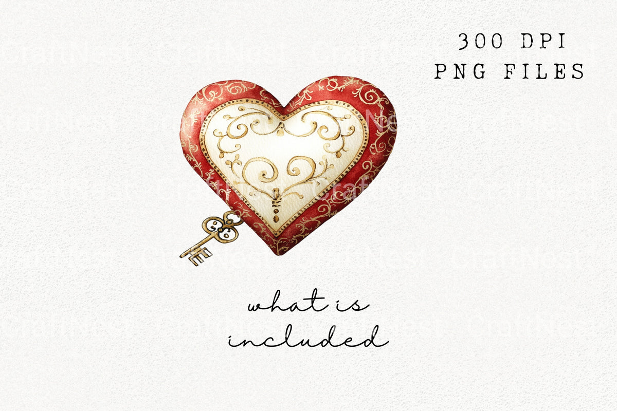 Ornate Heart Key Artwork Clipart Bundle