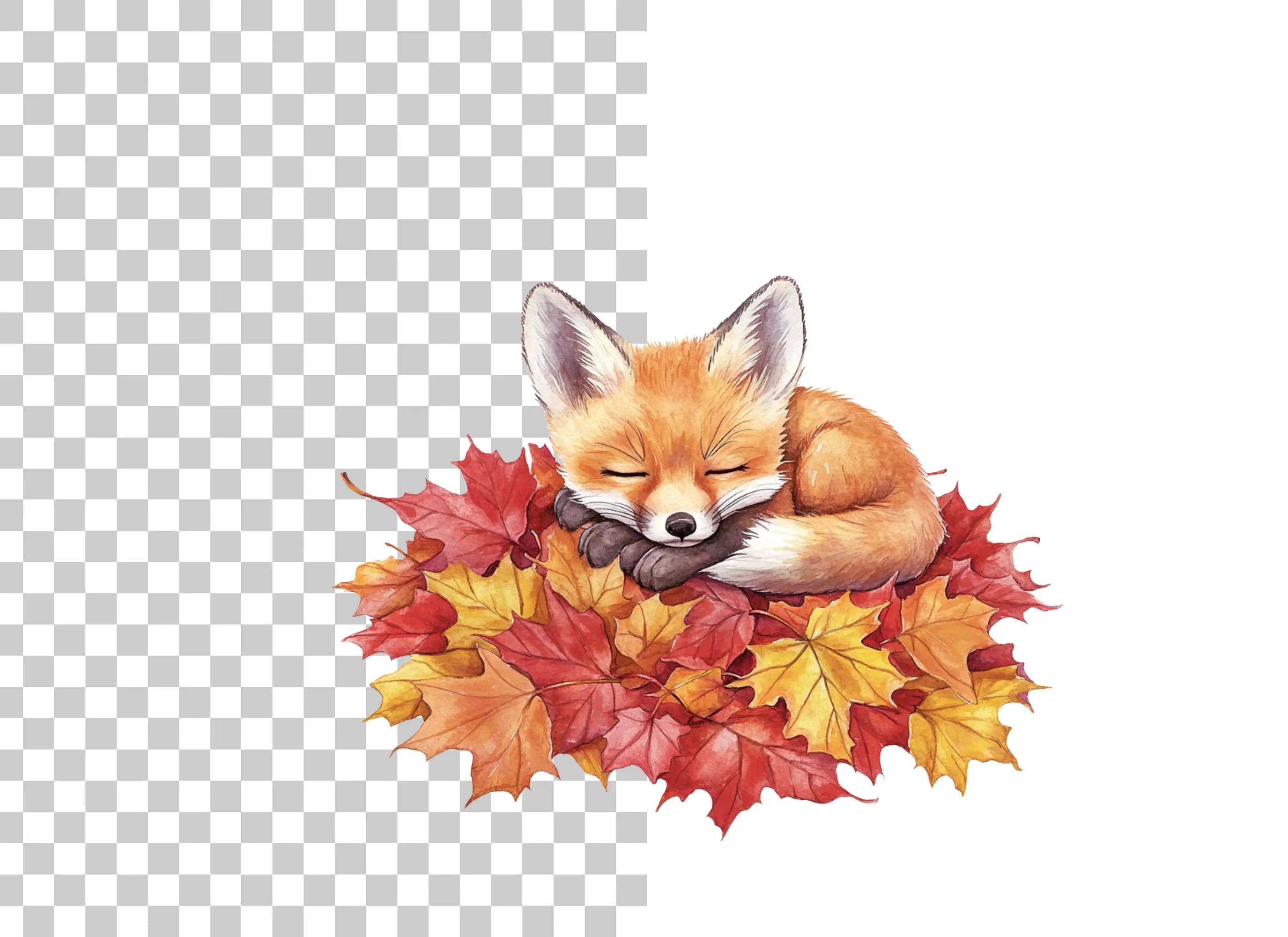 Cute Sleeping Fox on Autumn Leaves Clipart Bundle