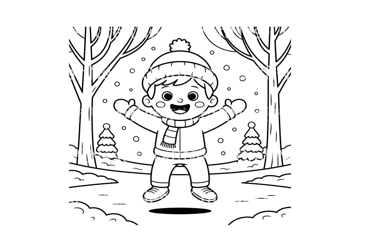 Happy Boy in Winter Forest Coloring Books