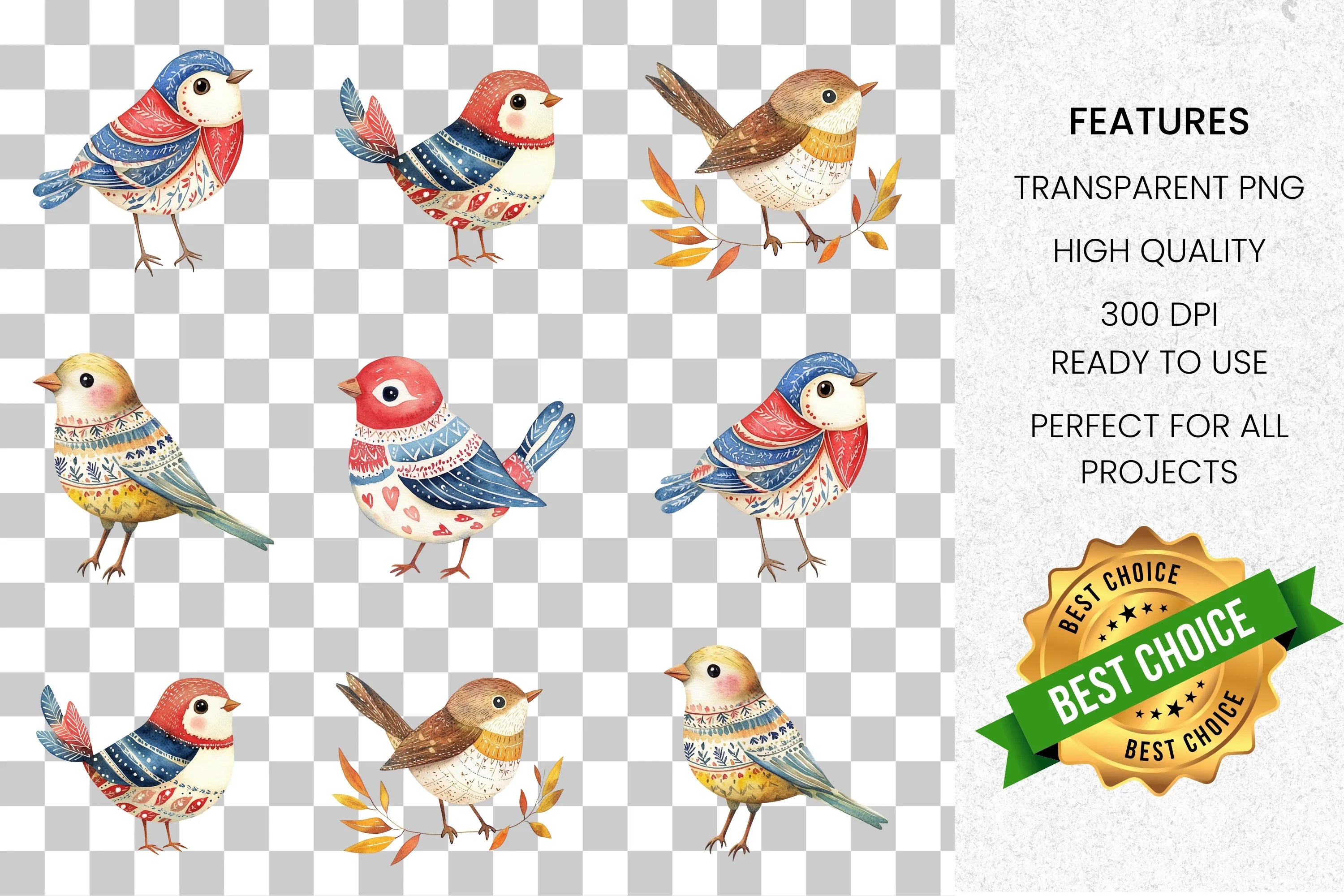 Vibrant Folk Birds Clipart Bundle