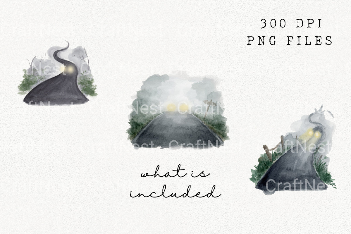Misty Winding Road At Night Clipart Bundle