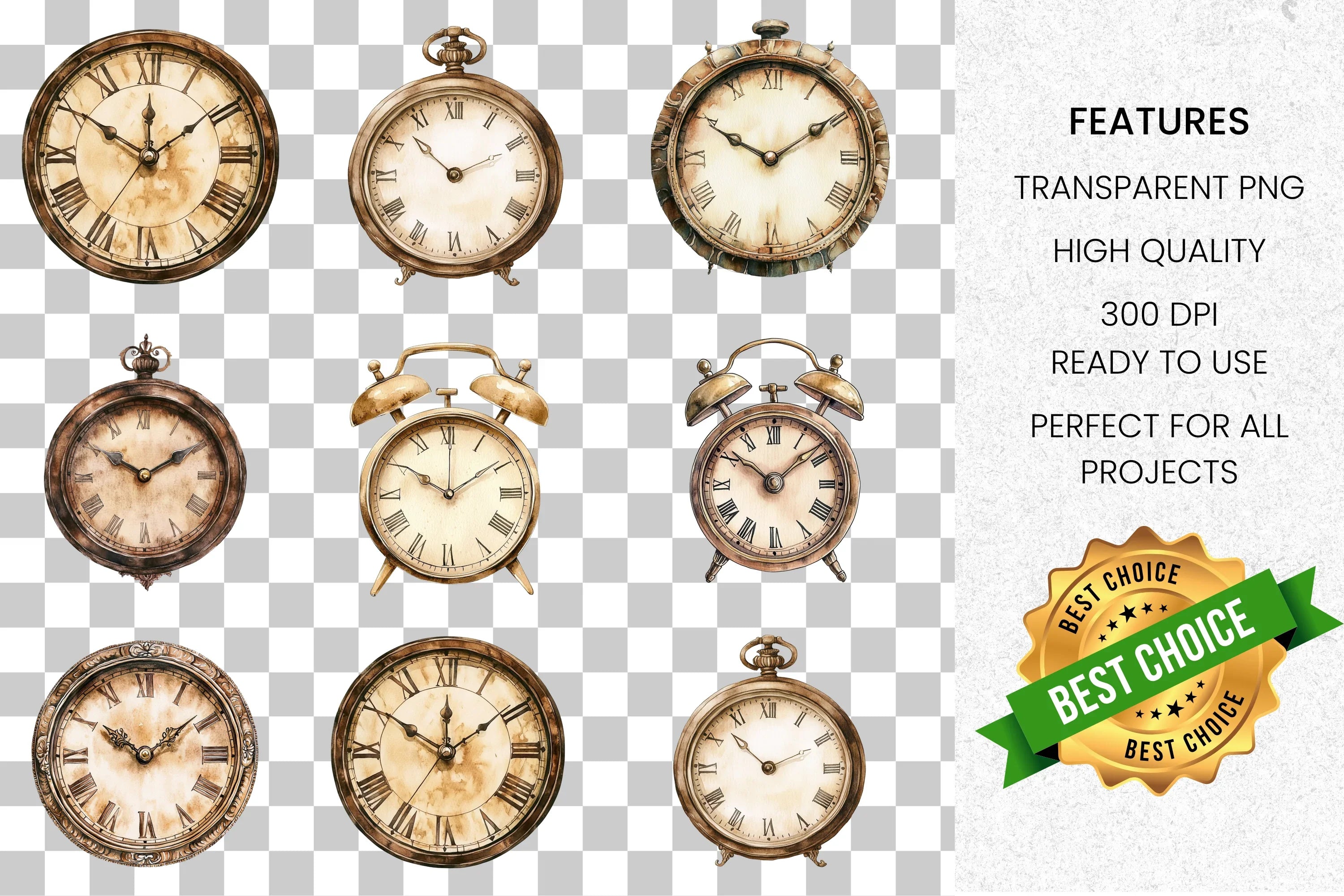 Vintage Pocket Watch Clipart Bundle