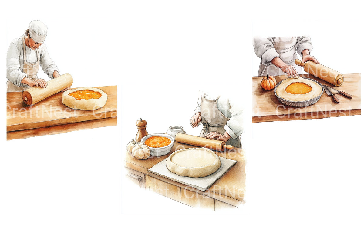 Woman Baking Pumpkin Pie Clipart Bundle