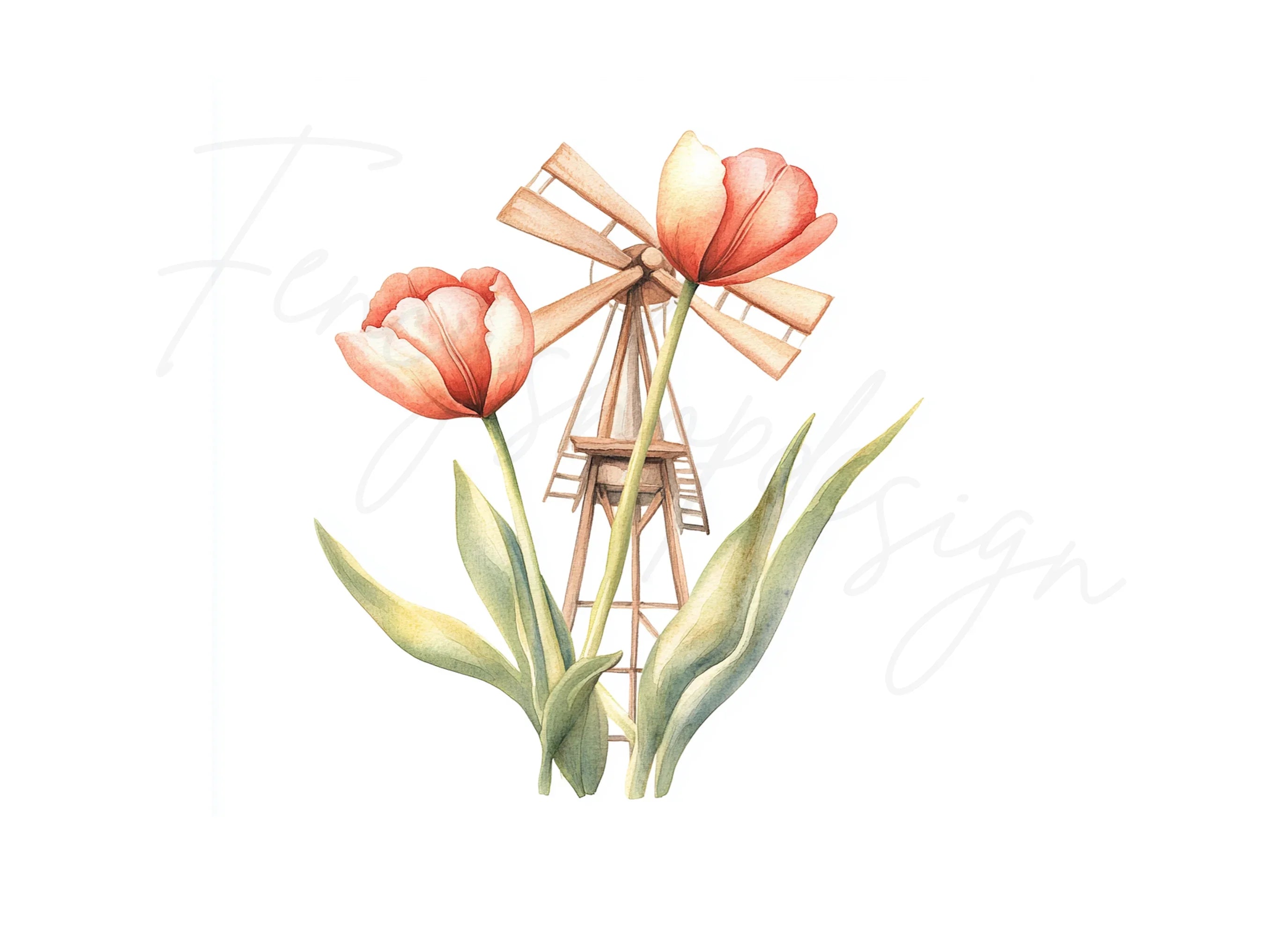 Windmills and Pastel Tulips Clipart Bundle