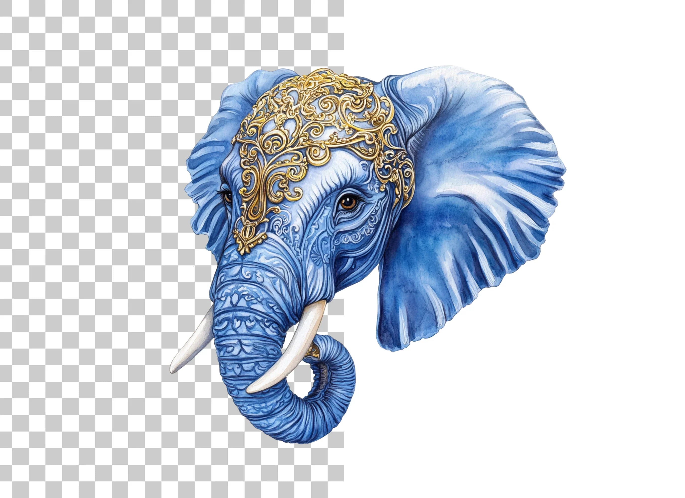 Ornate Blue Elephant Head Clipart Bundle