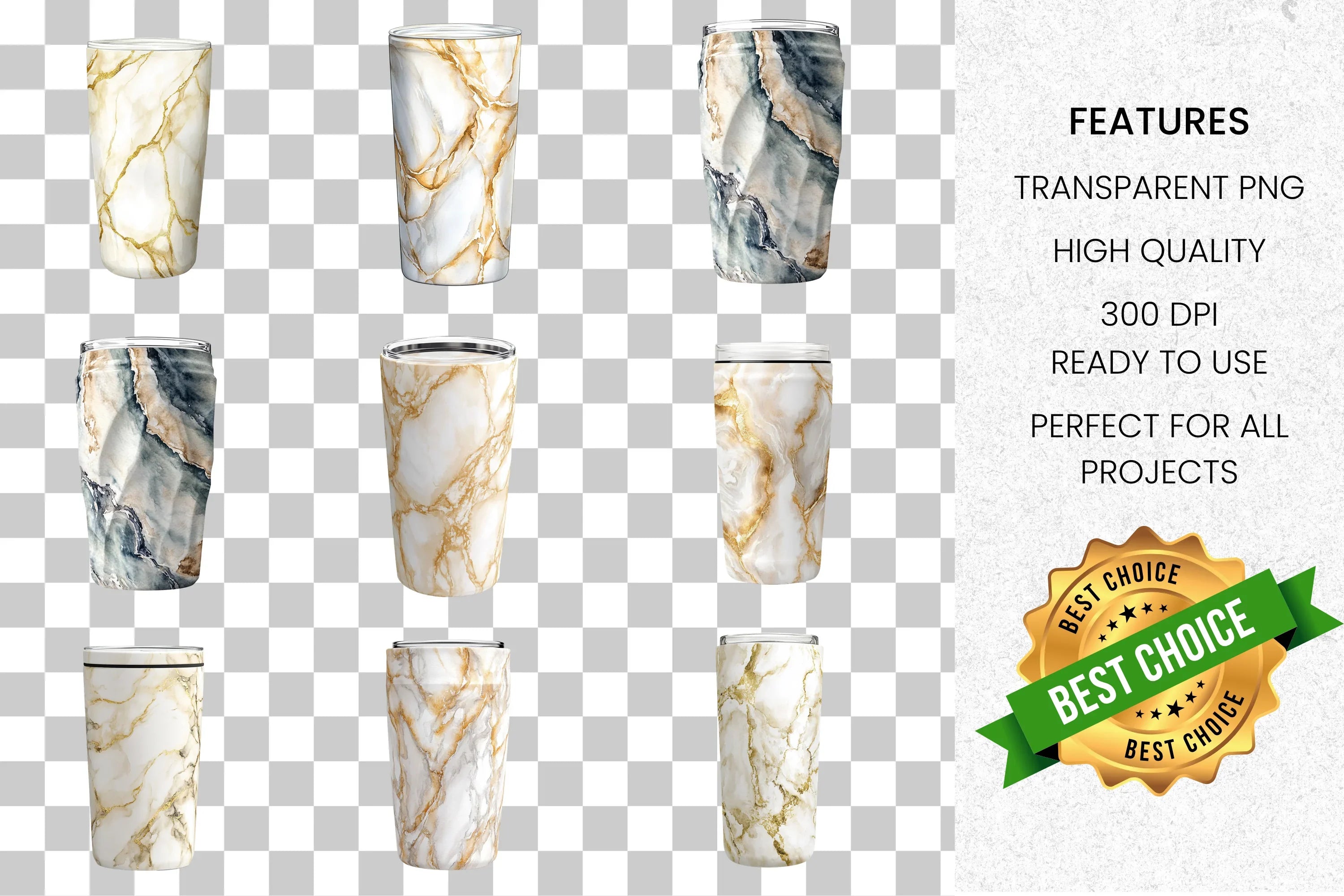 White Gold Marble Tumbler Clipart Bundle