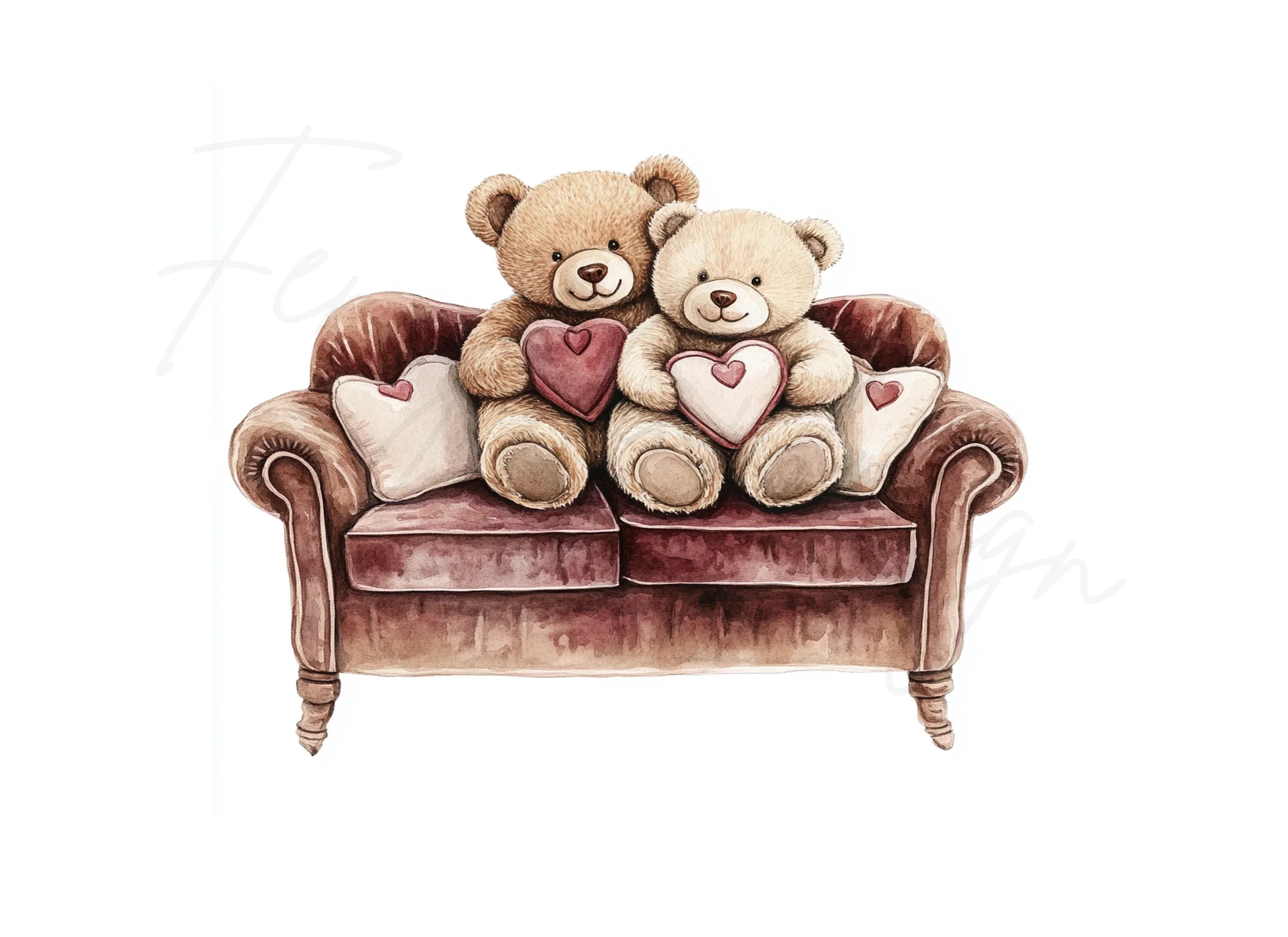 Cute Teddy Bear Couple on Sofa Clipart Bundle