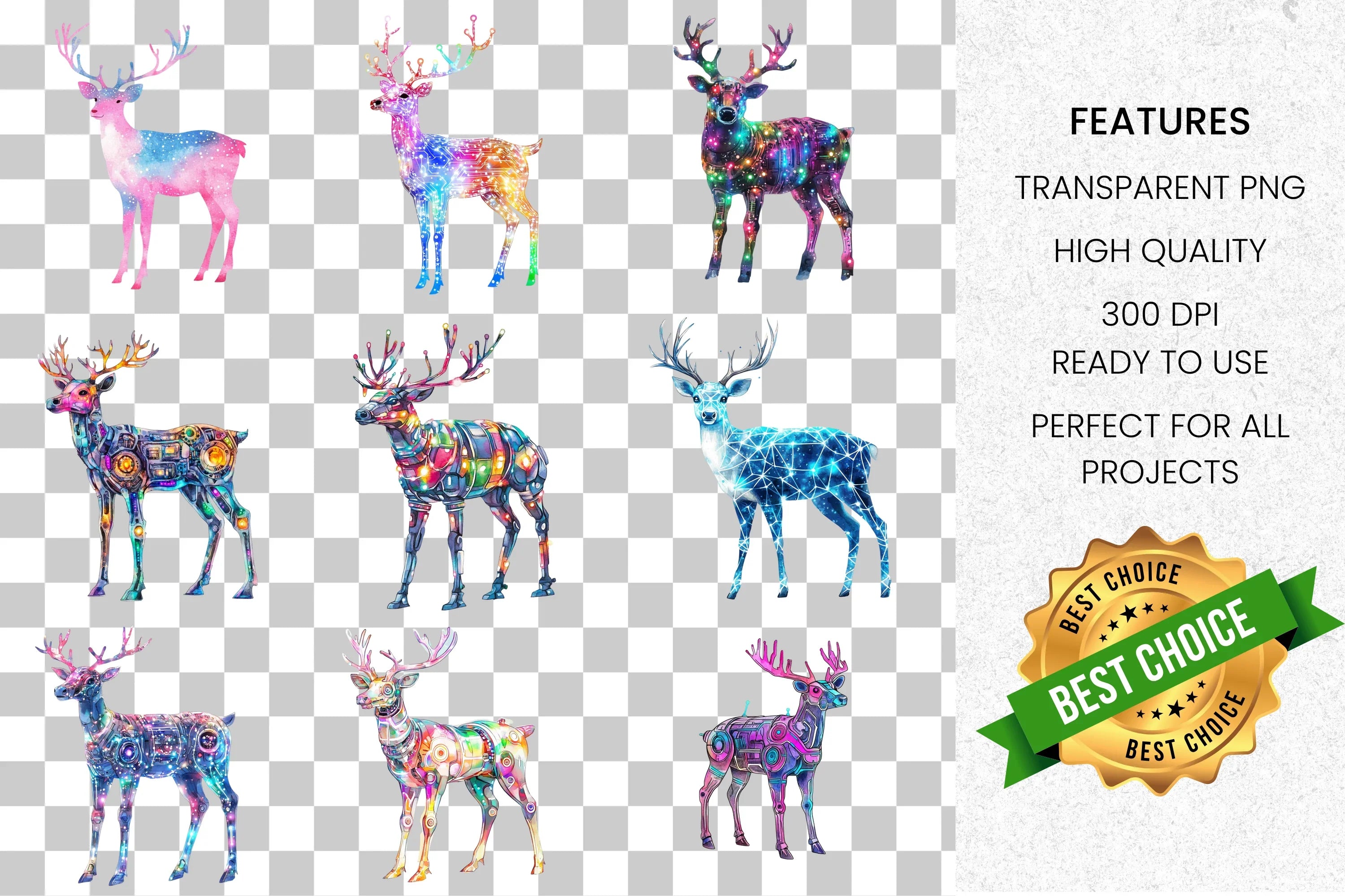 Cyberpunk Reindeer Clipart Bundle