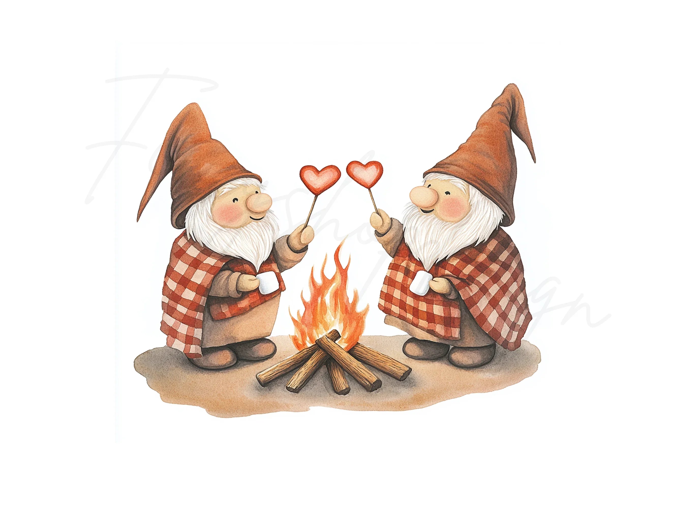 Gnomes by Campfire with Hearts Clipart Bundle