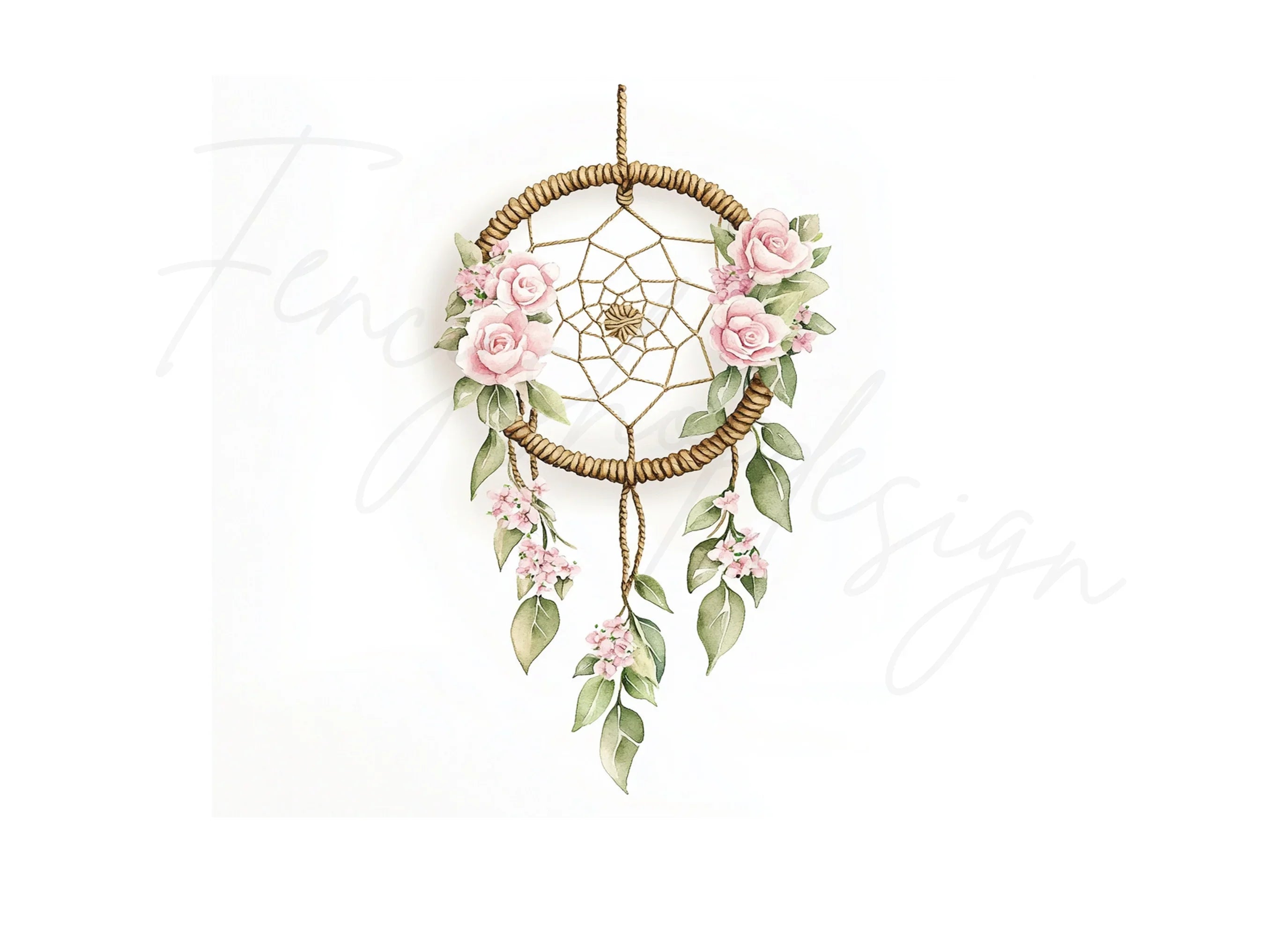 Boho Dreamcatcher with Pink Roses Clipart Bundle