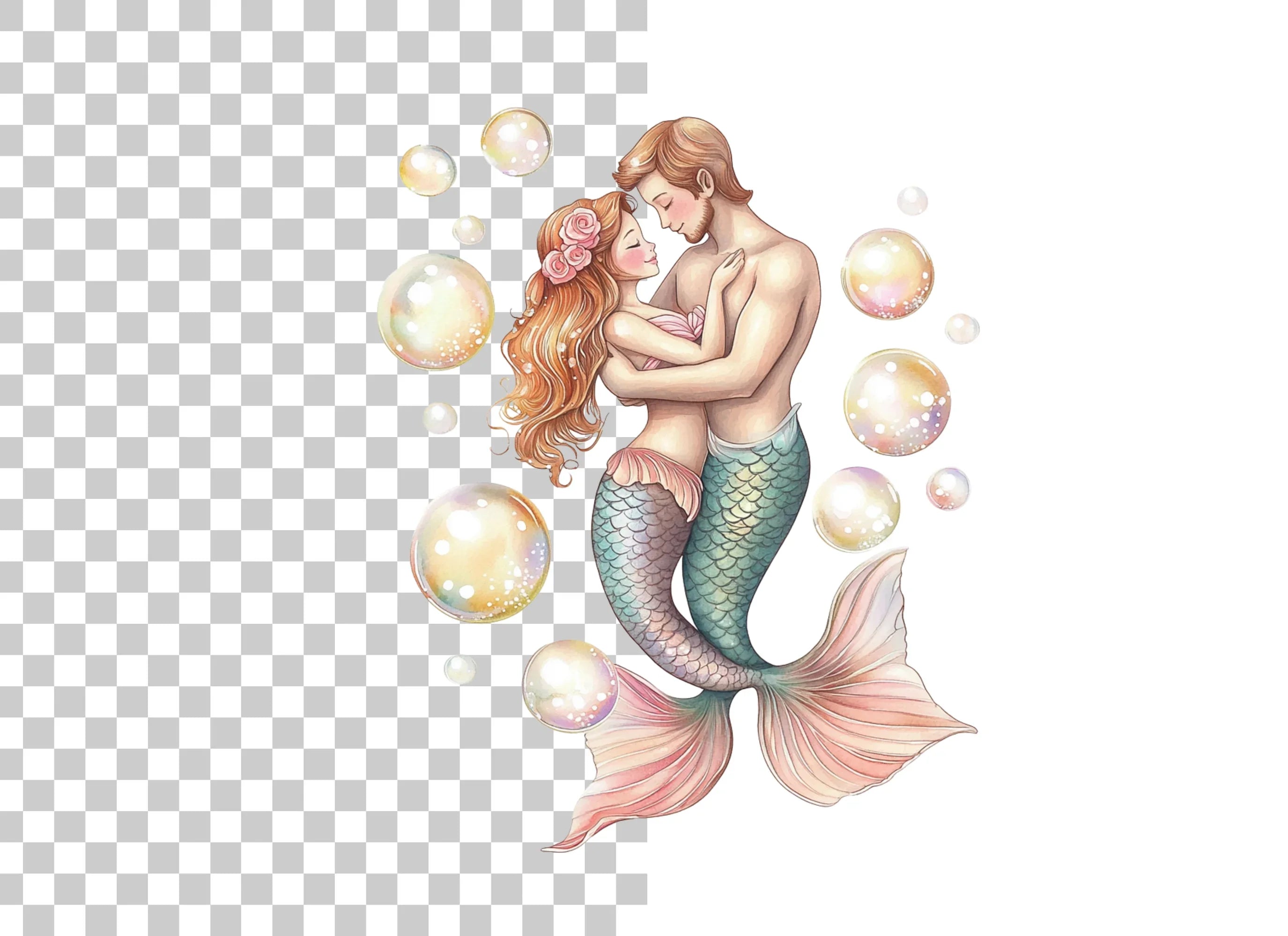 Romantic Mermaid Couple Bubbles Clipart Bundle