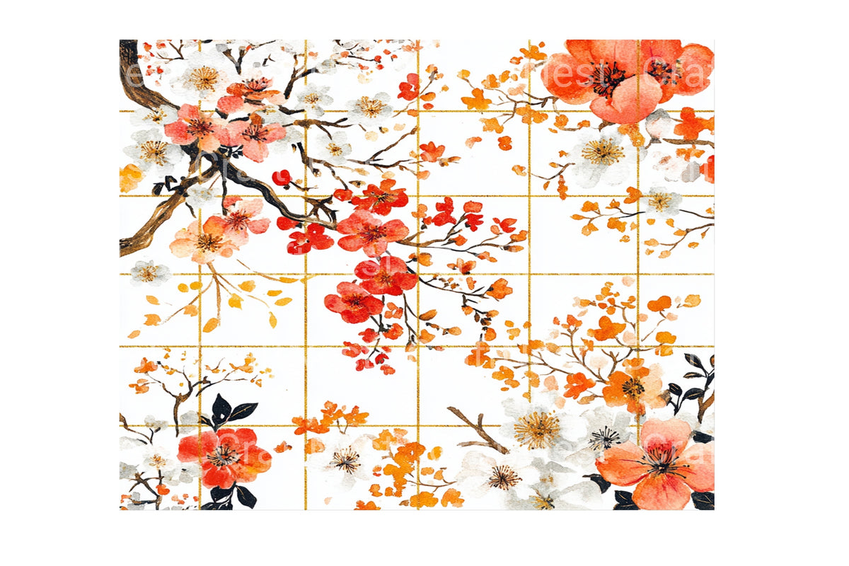 Cherry Blossom Golden Lattice Illustrations Clipart Bundle
