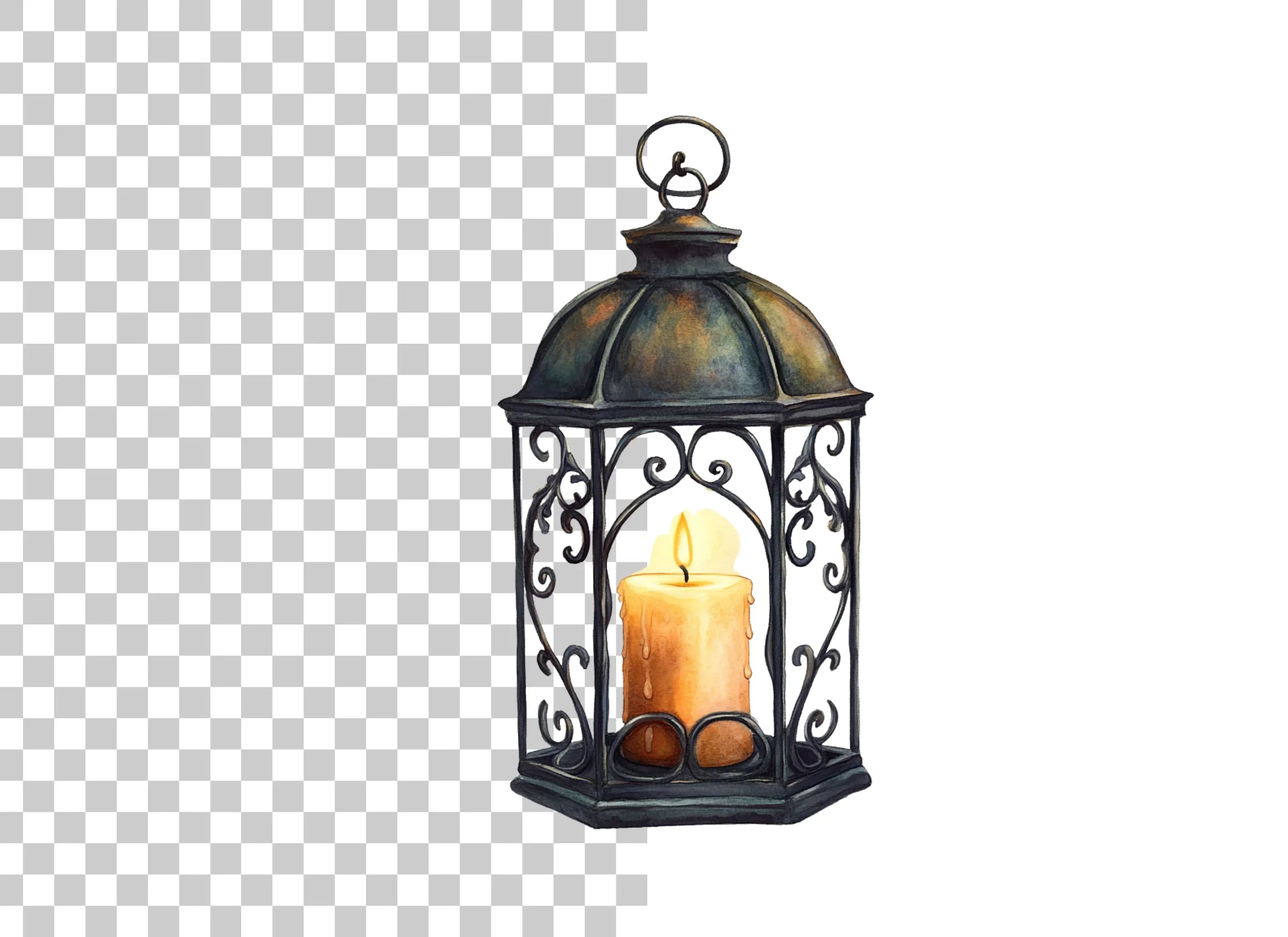 Ornate Metal Lantern with Burning Candle Clipart Bundle