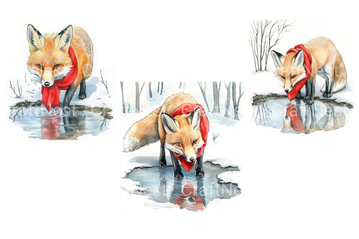 Red Fox In Winter Snow With Scarf Clipart Bundle