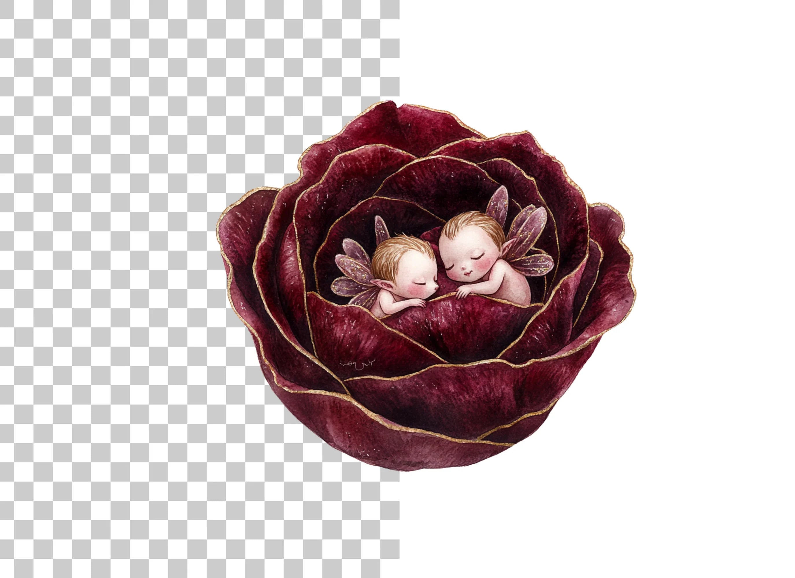 Sleeping Baby Fairies in Dark Roses Clipart Bundle