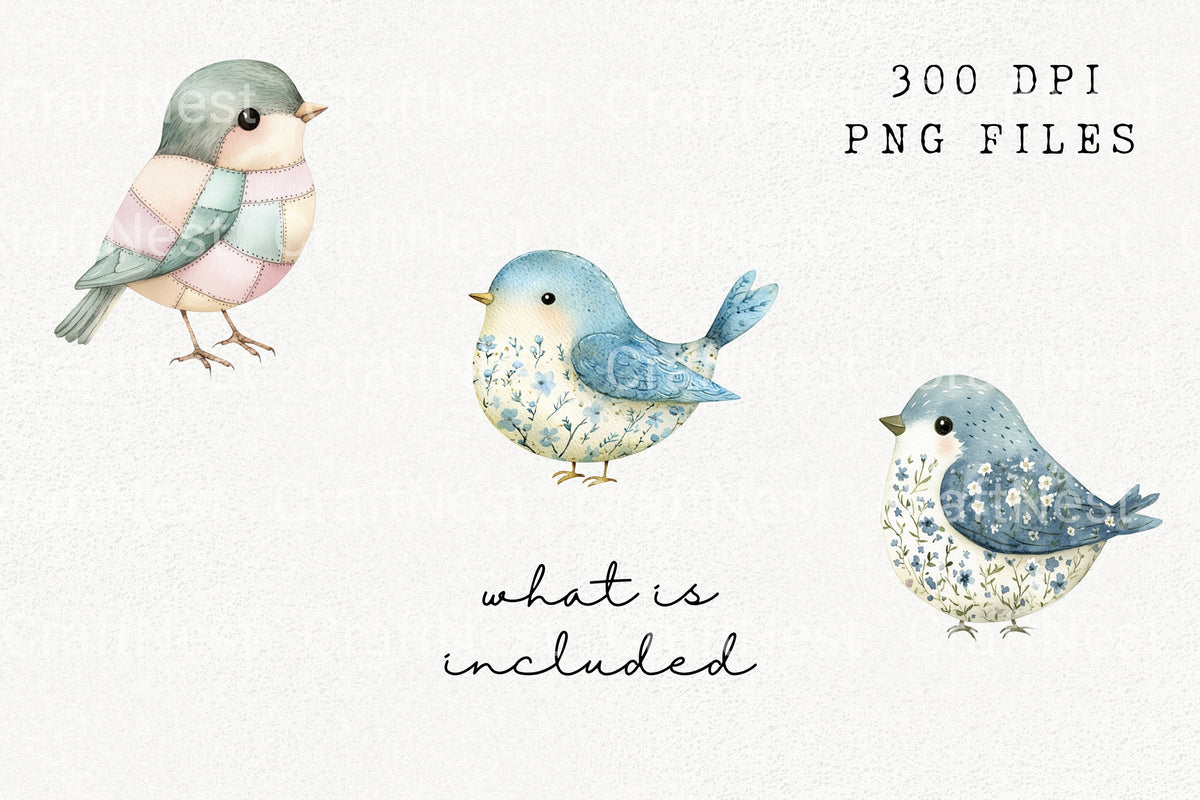 Patchwork Blue Bird Floral Clipart Bundle