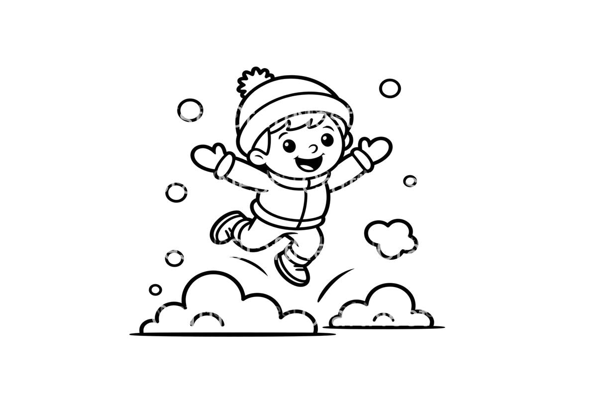 Happy Boy Playing in Snow Coloring Books