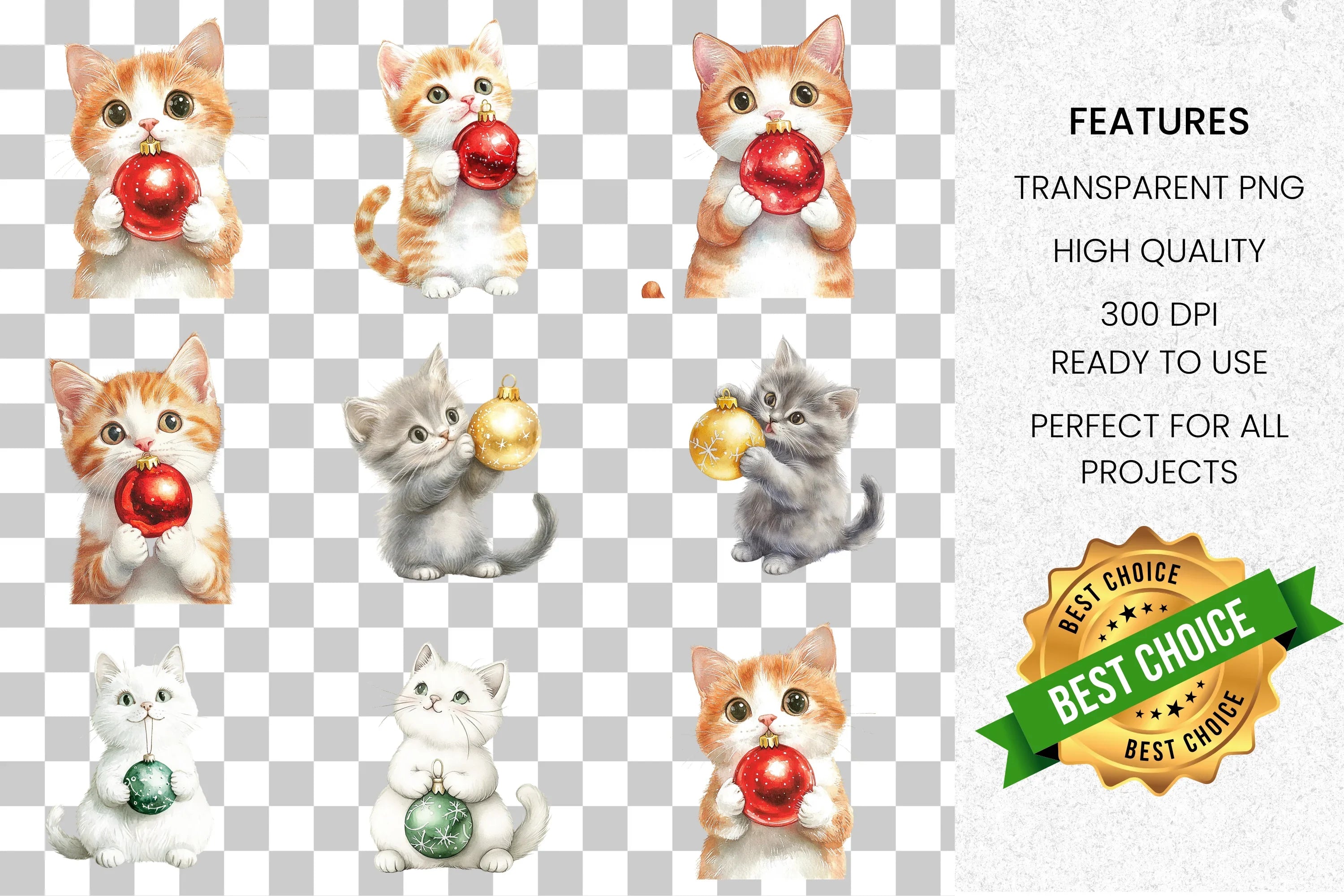 Cute Christmas Kittens with Baubles Clipart Bundle