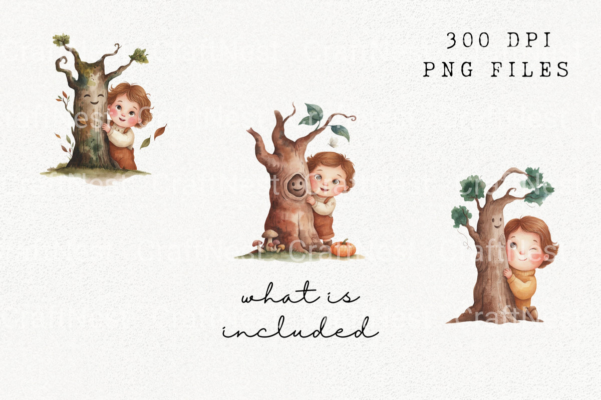 Little Girl Peeking From Tree Designs Clipart Bundle