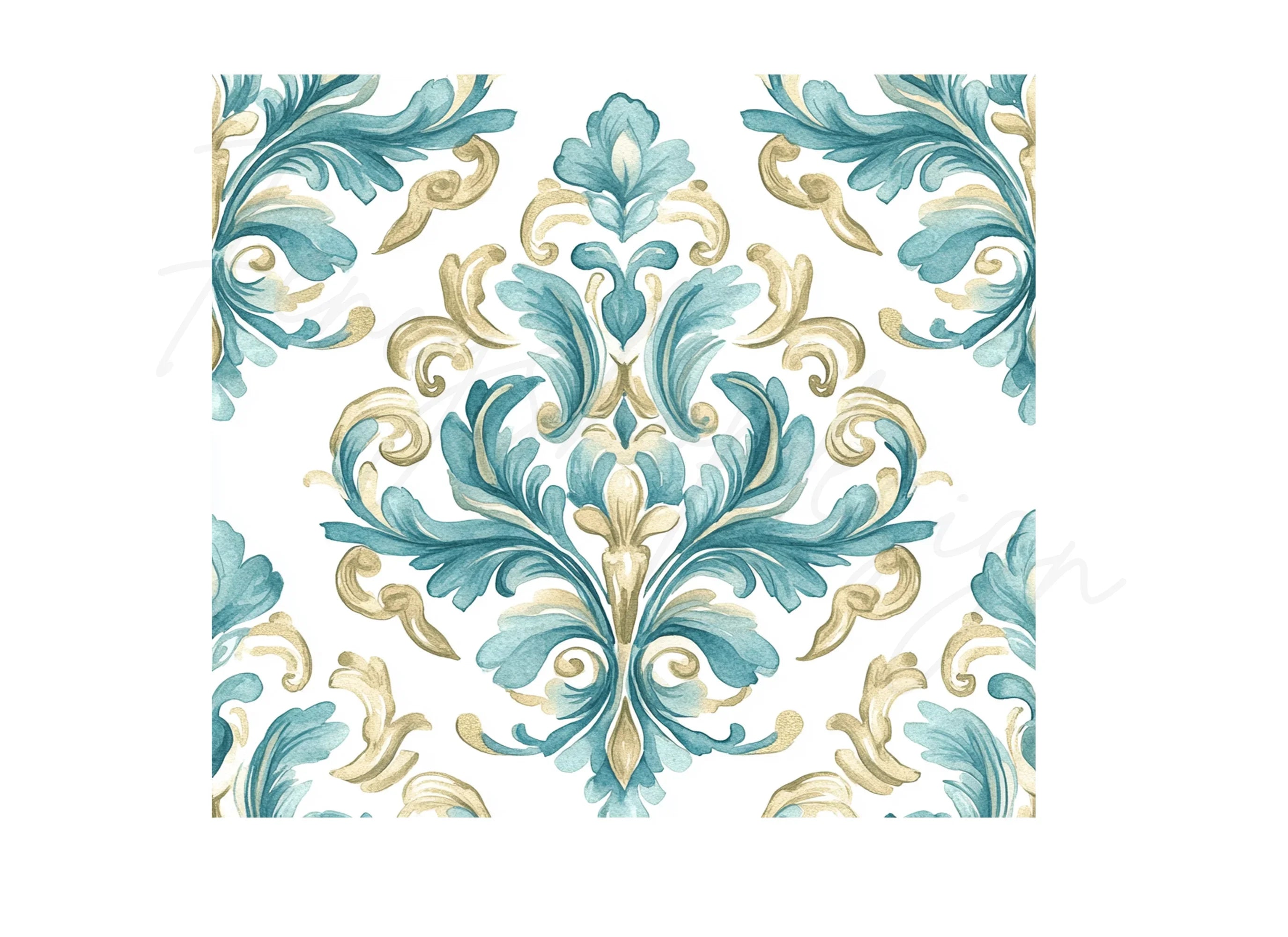Elegant Teal Gold Damask Pattern Clipart Bundle