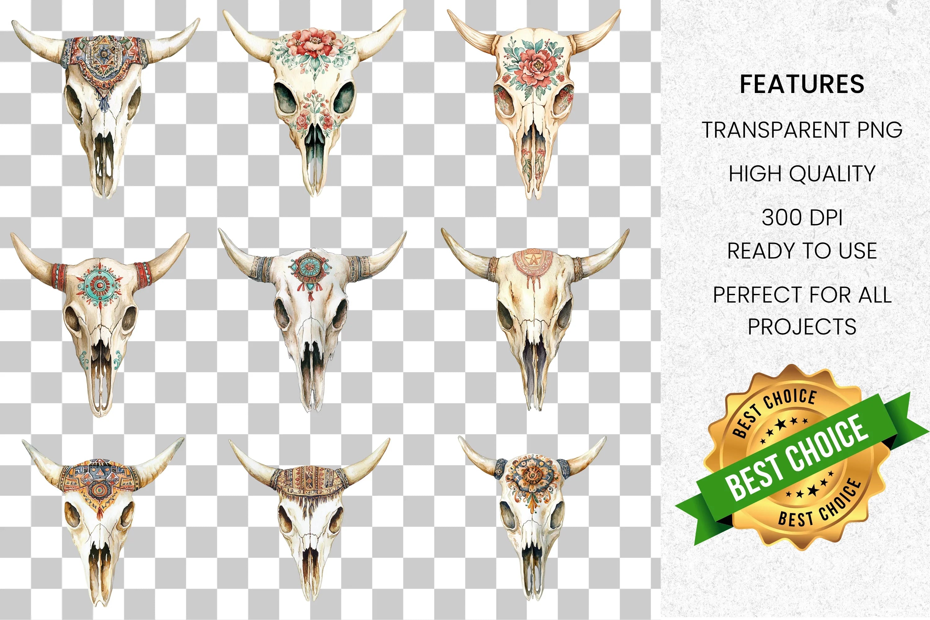 Boho Bull Skull Clipart Bundle
