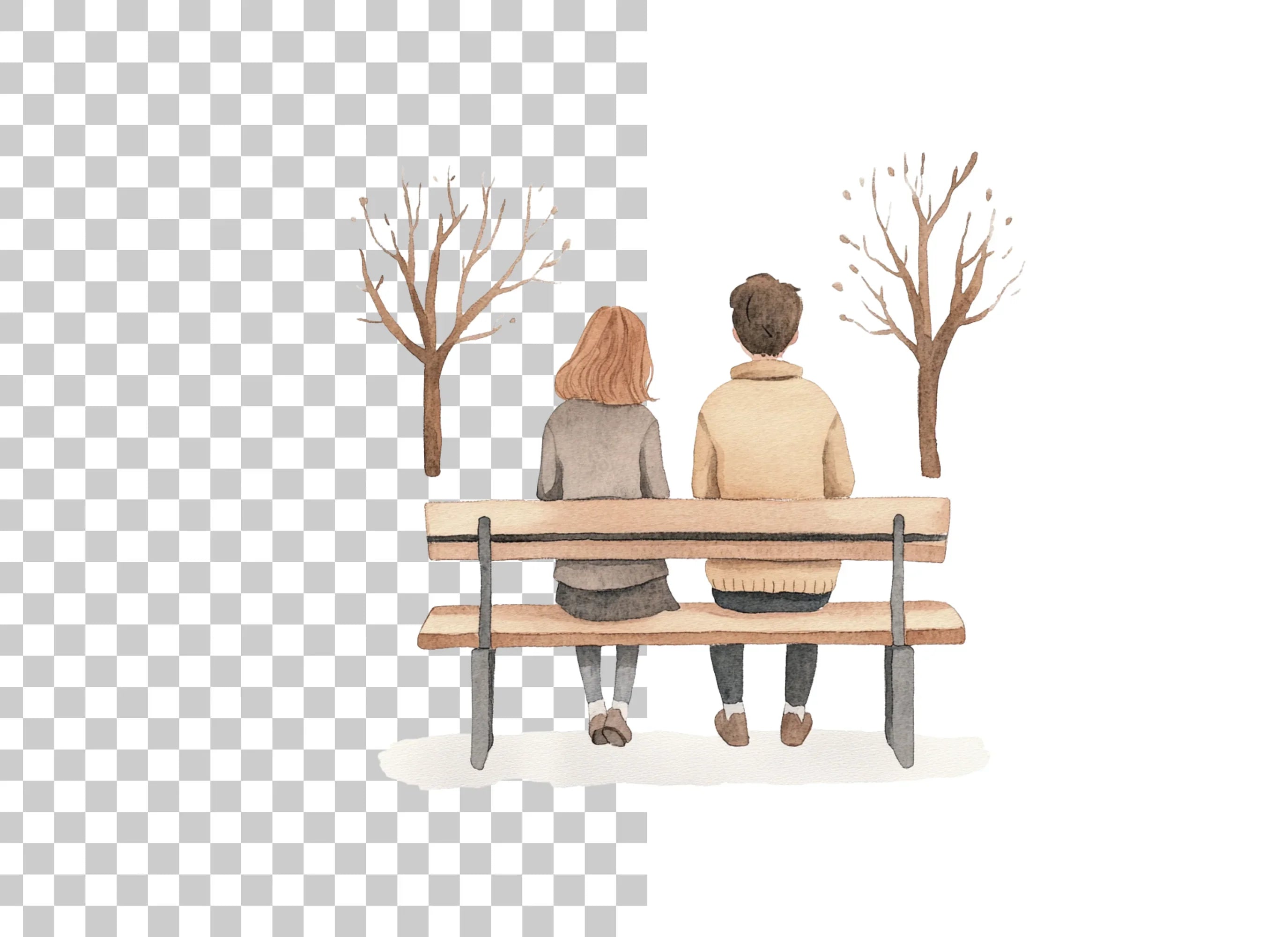 Couple on Bench Winter Scene Clipart Bundle
