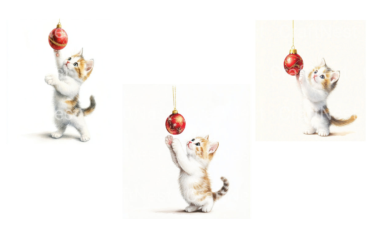 Kitten Playing With Christmas Bauble Clipart Bundle