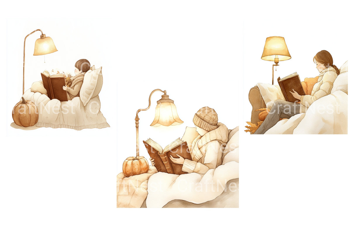 Cozy Autumn Reading Scene Clipart Bundle