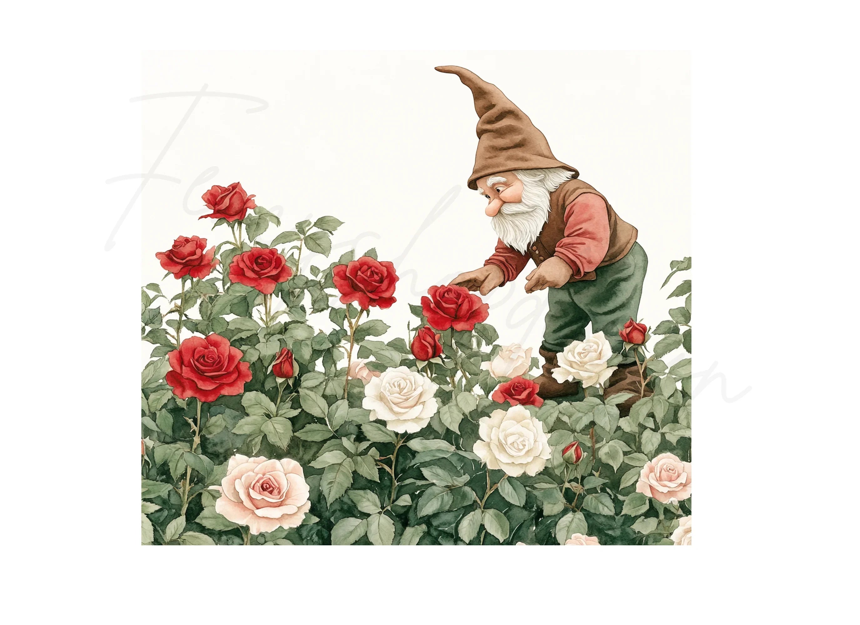 Garden Gnomes with Red and White Roses Clipart Bundle