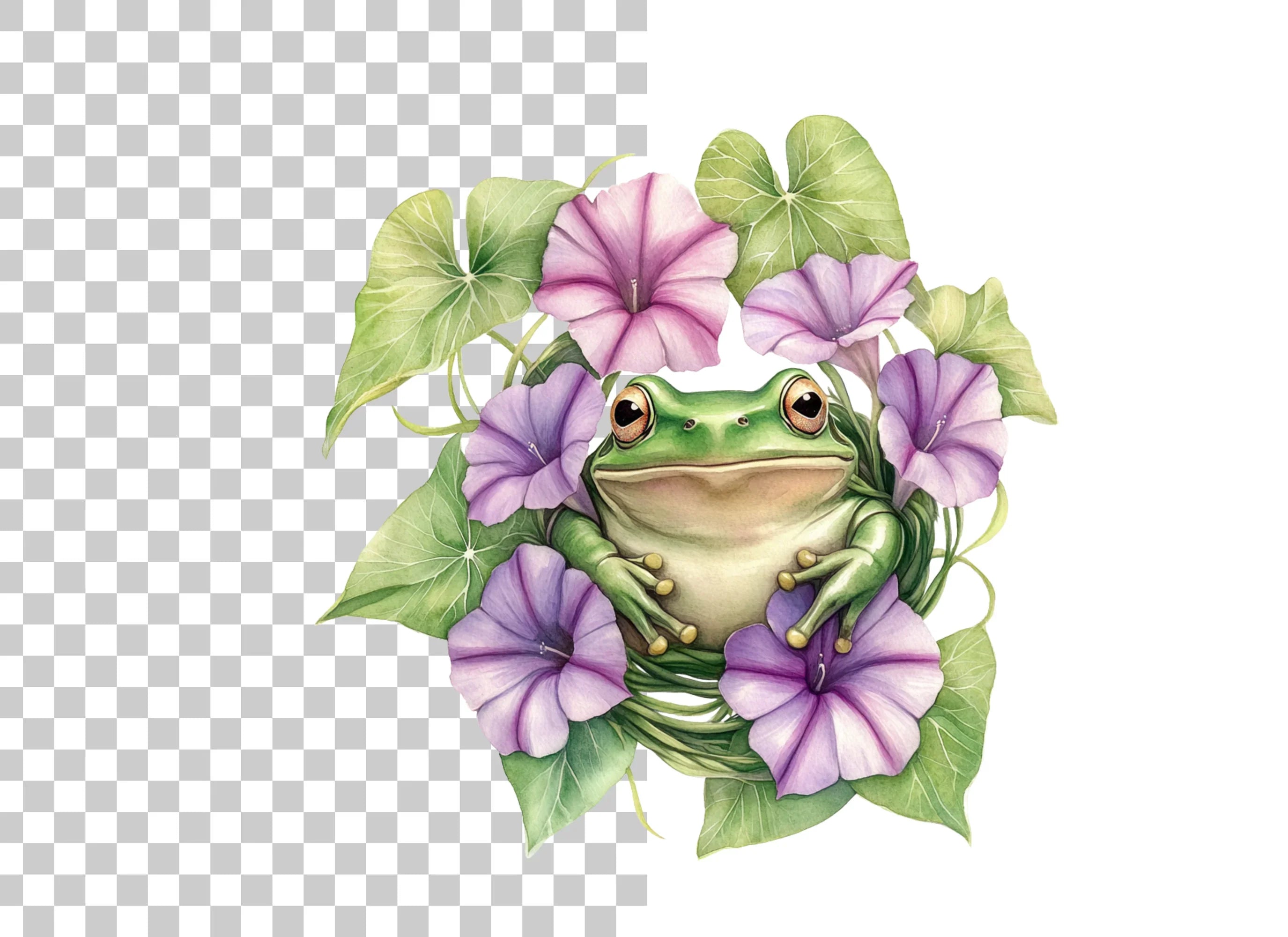 Cute Frogs and Morning Glories Clipart Bundle