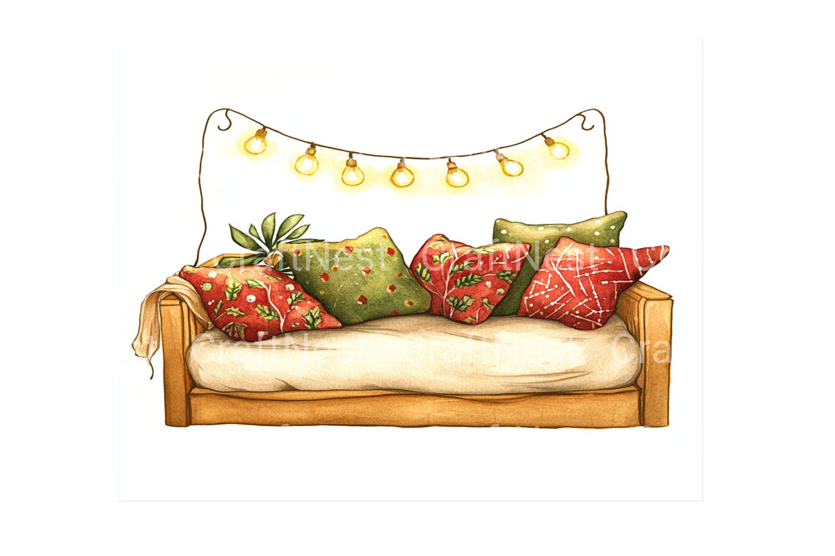 Cozy Christmas Sofa With Pillows Clipart Bundle