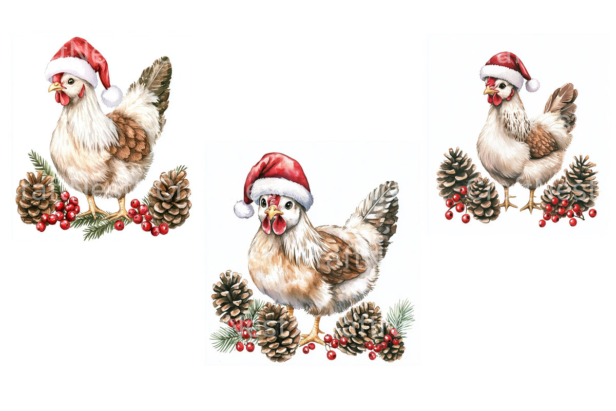 Christmas Chickens With Santa Hats Clipart Bundle