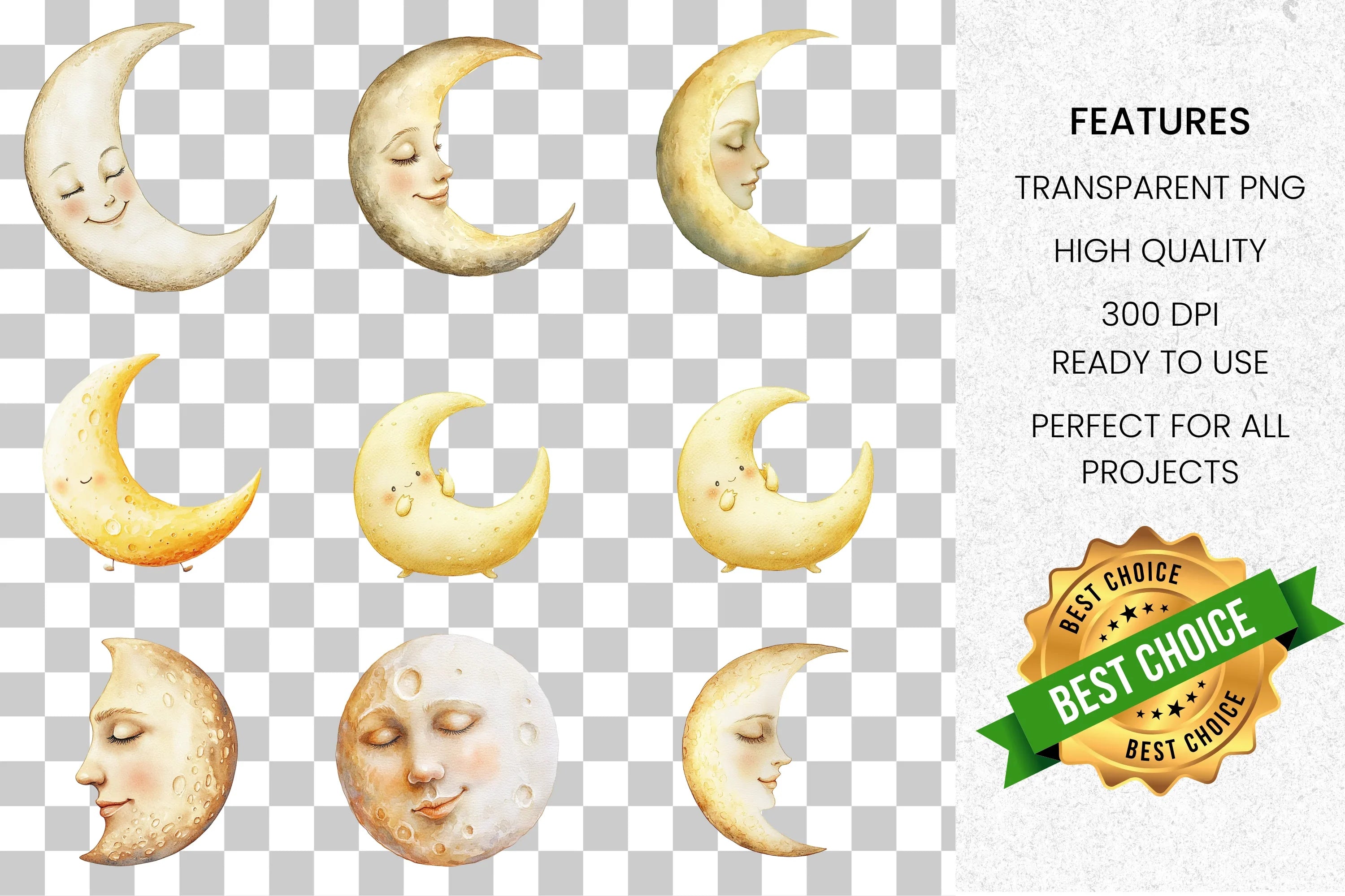 Cute Sleeping Moon Clipart Bundle