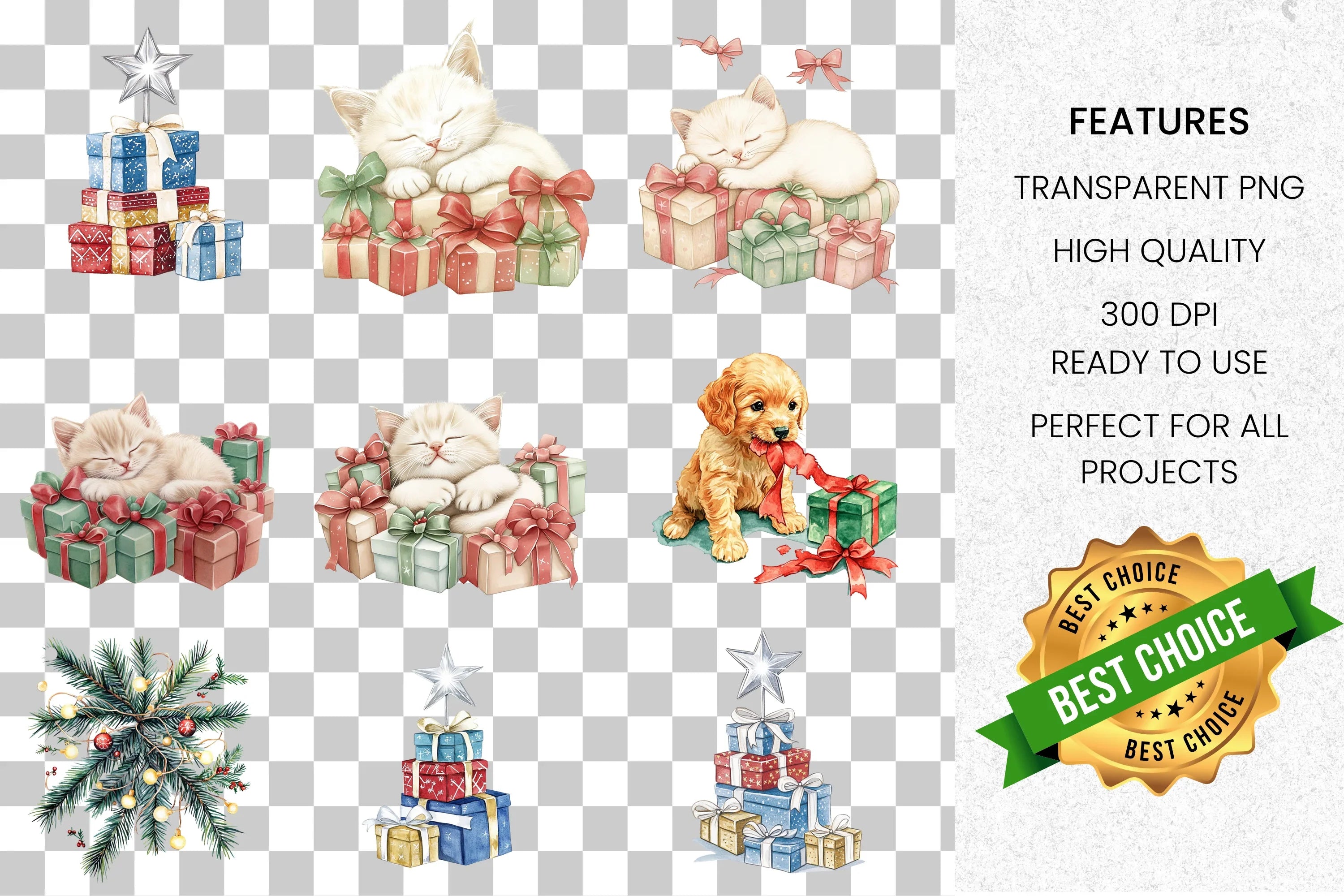 Christmas Presents & Cute Animals Clipart Bundle