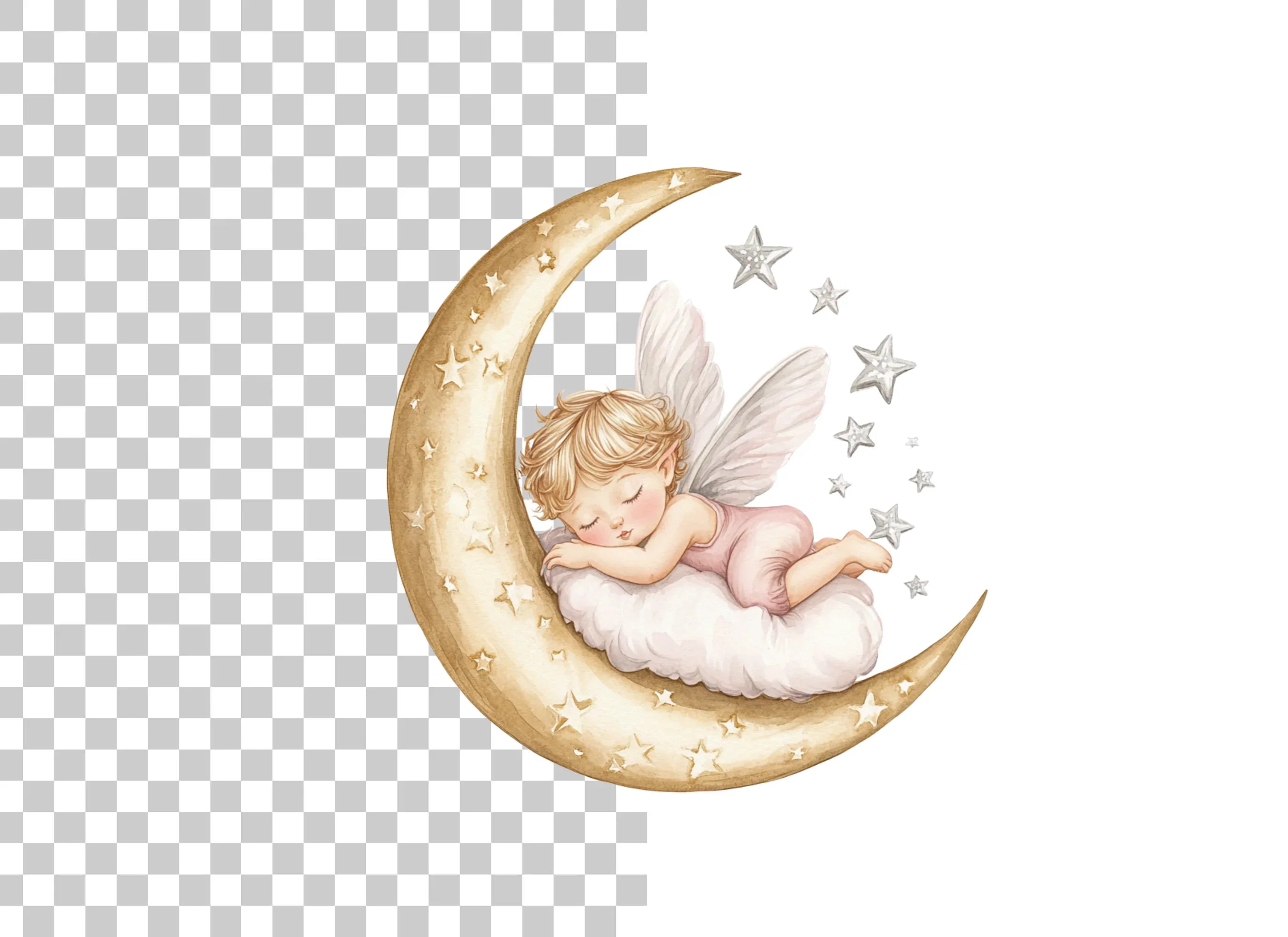 Sleeping Baby Angel on Moon Clipart Bundle