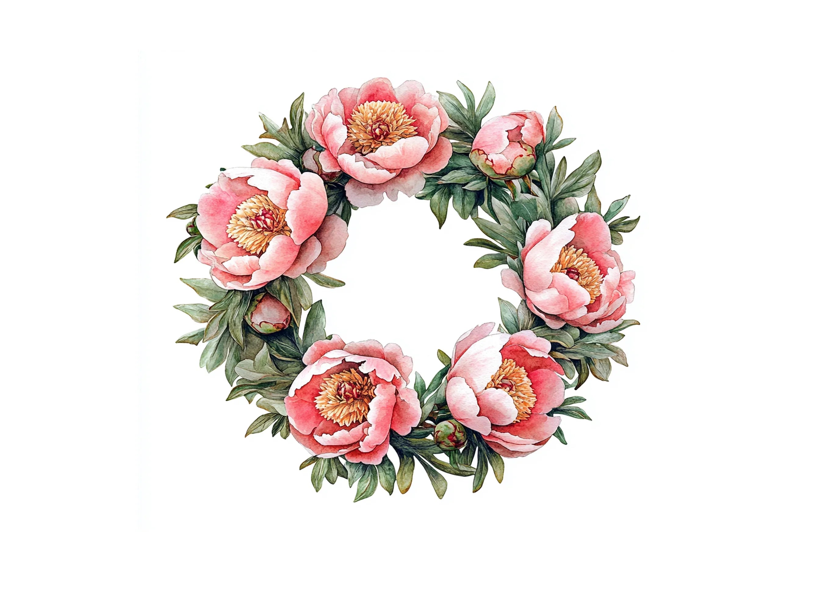 Pink Peony Floral Wreath Clipart Bundle