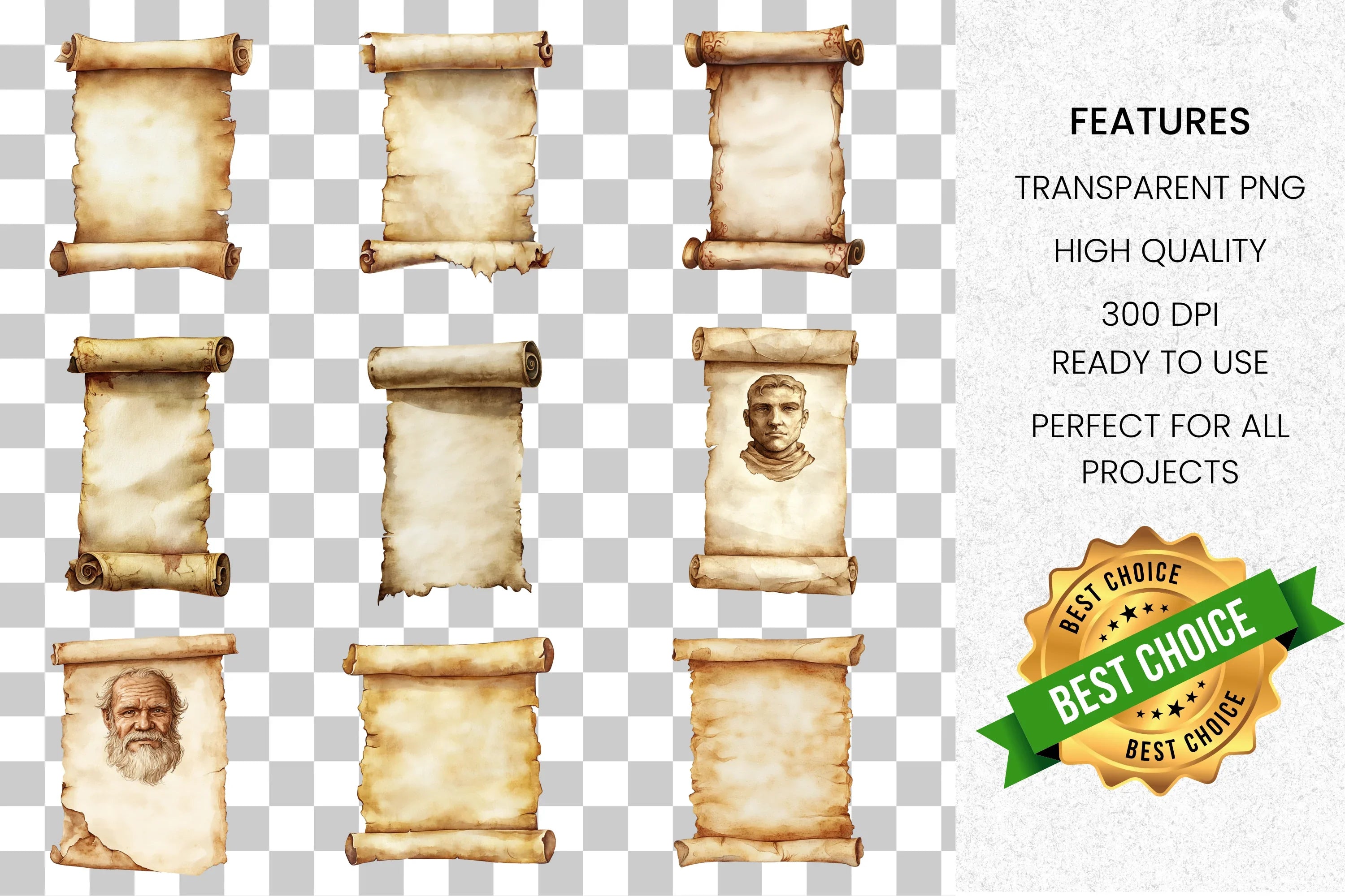 Vintage Scrolls Old Man Portraits Clipart Bundle