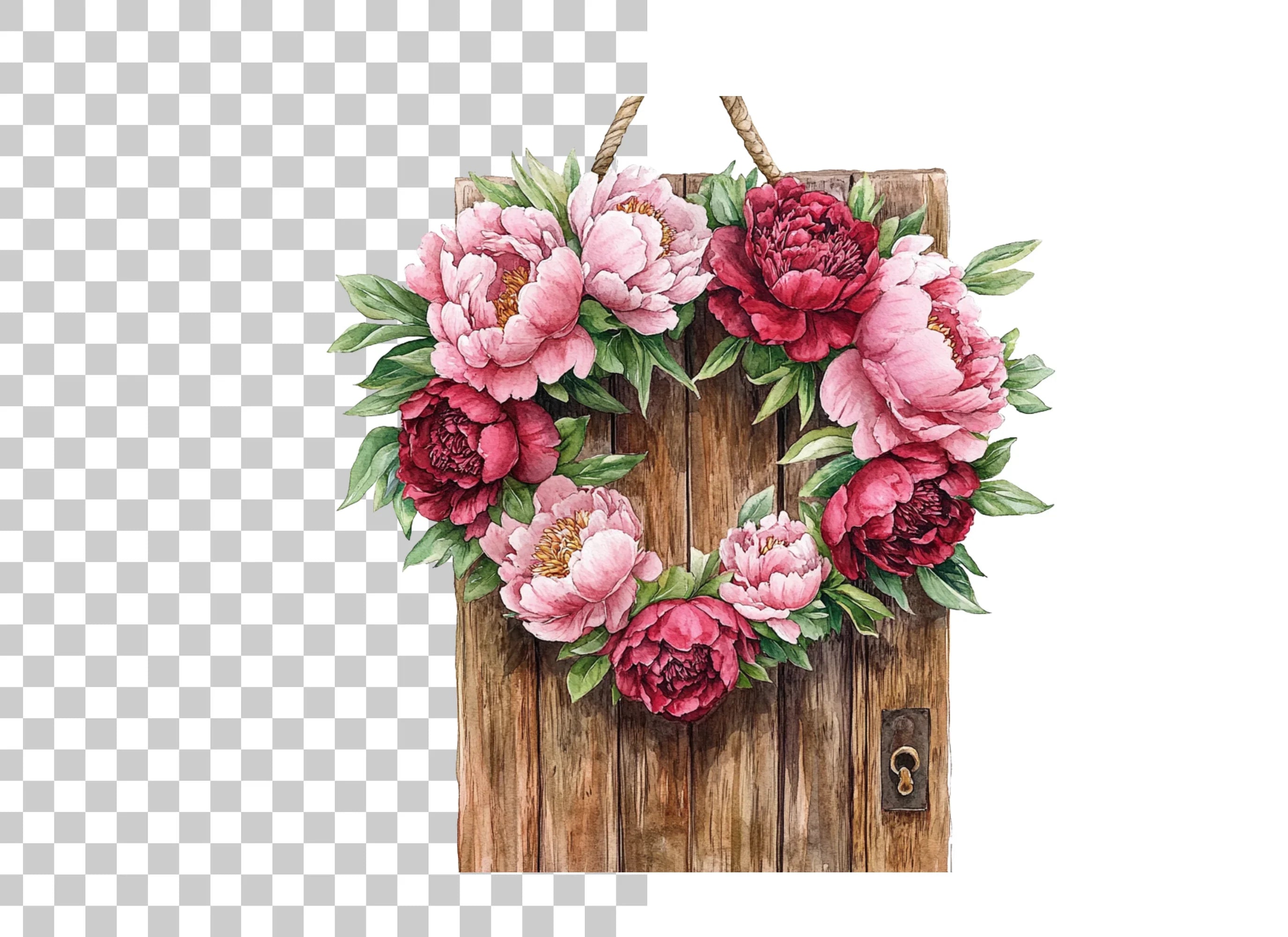 Peony Wreath and Wooden Door Clipart Bundle