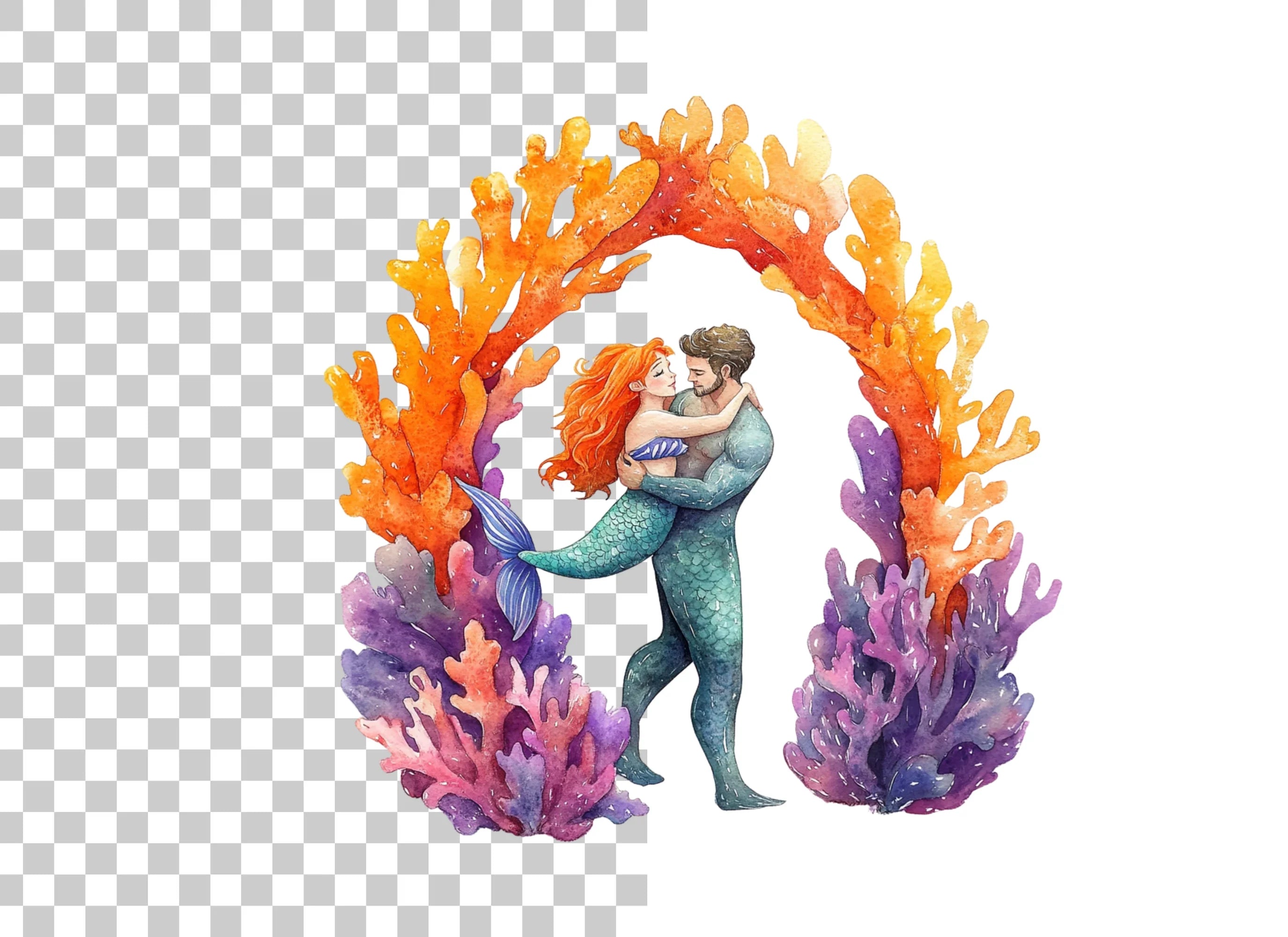 Mermaid Couple Coral Arch Clipart Bundle