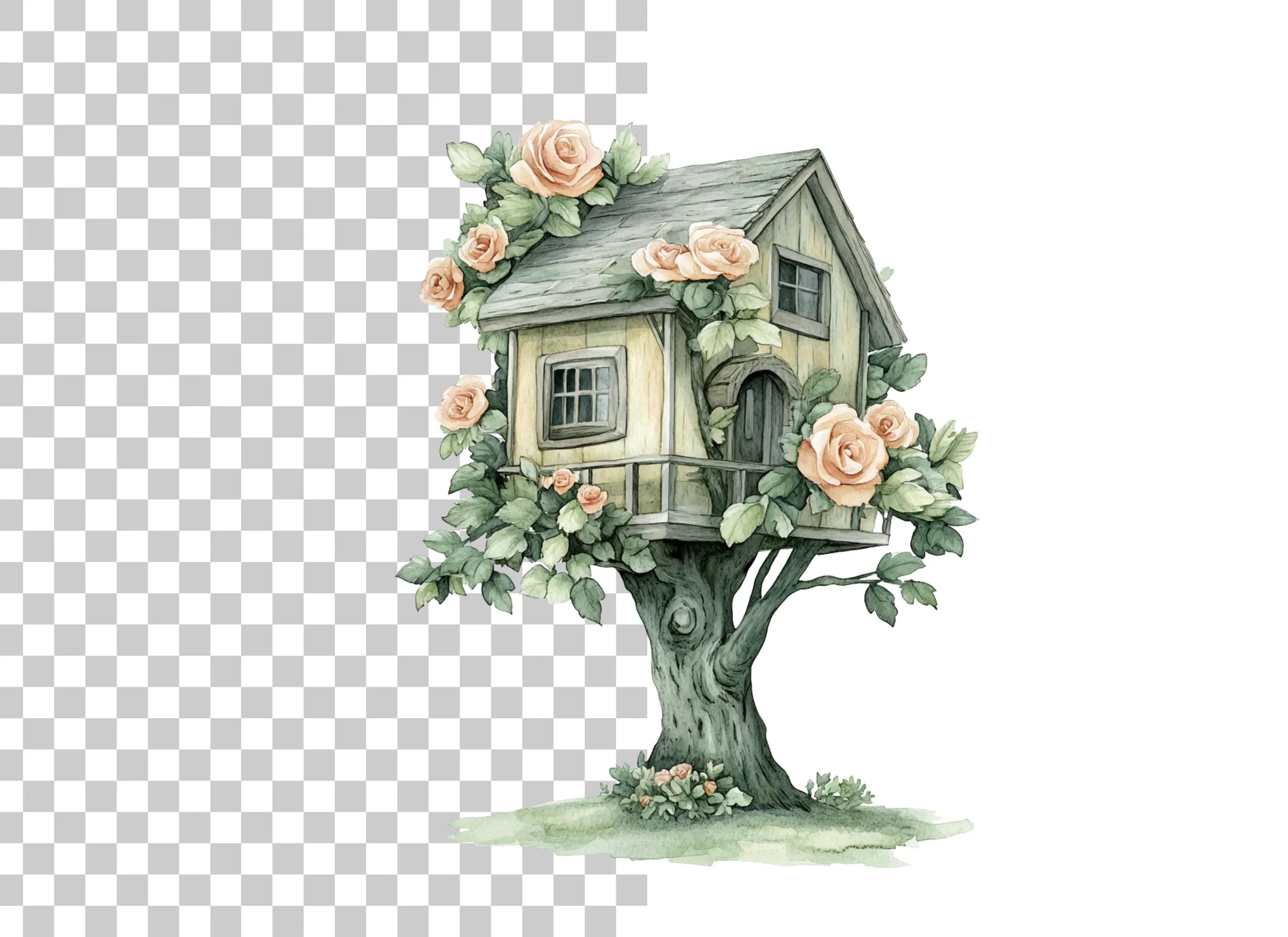 Charming Treehouse with Peach Roses Clipart Bundle