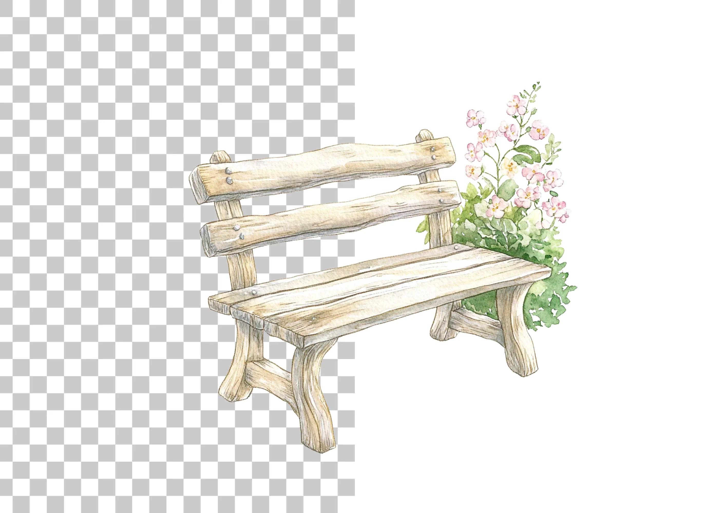 Wooden Bench with Pink Blooms Clipart Bundle