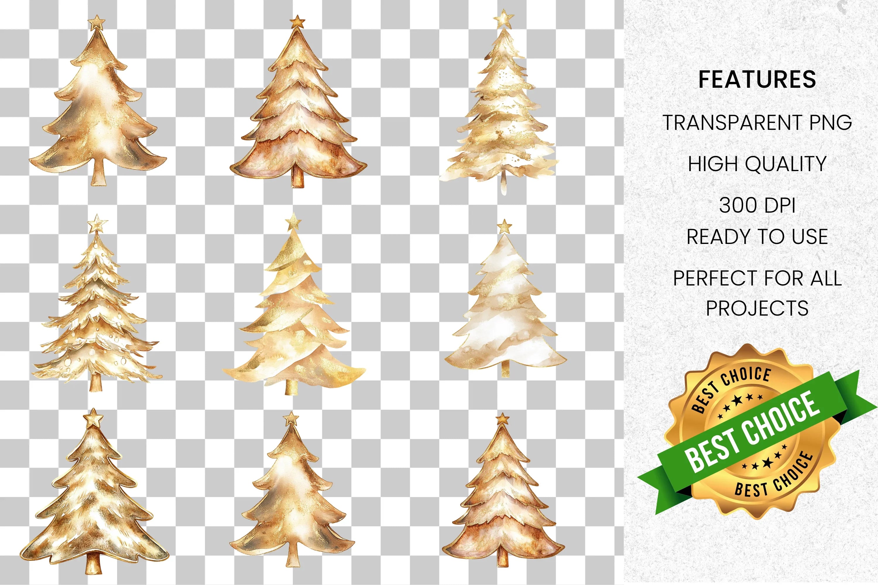 Golden Christmas Tree Clipart Bundle
