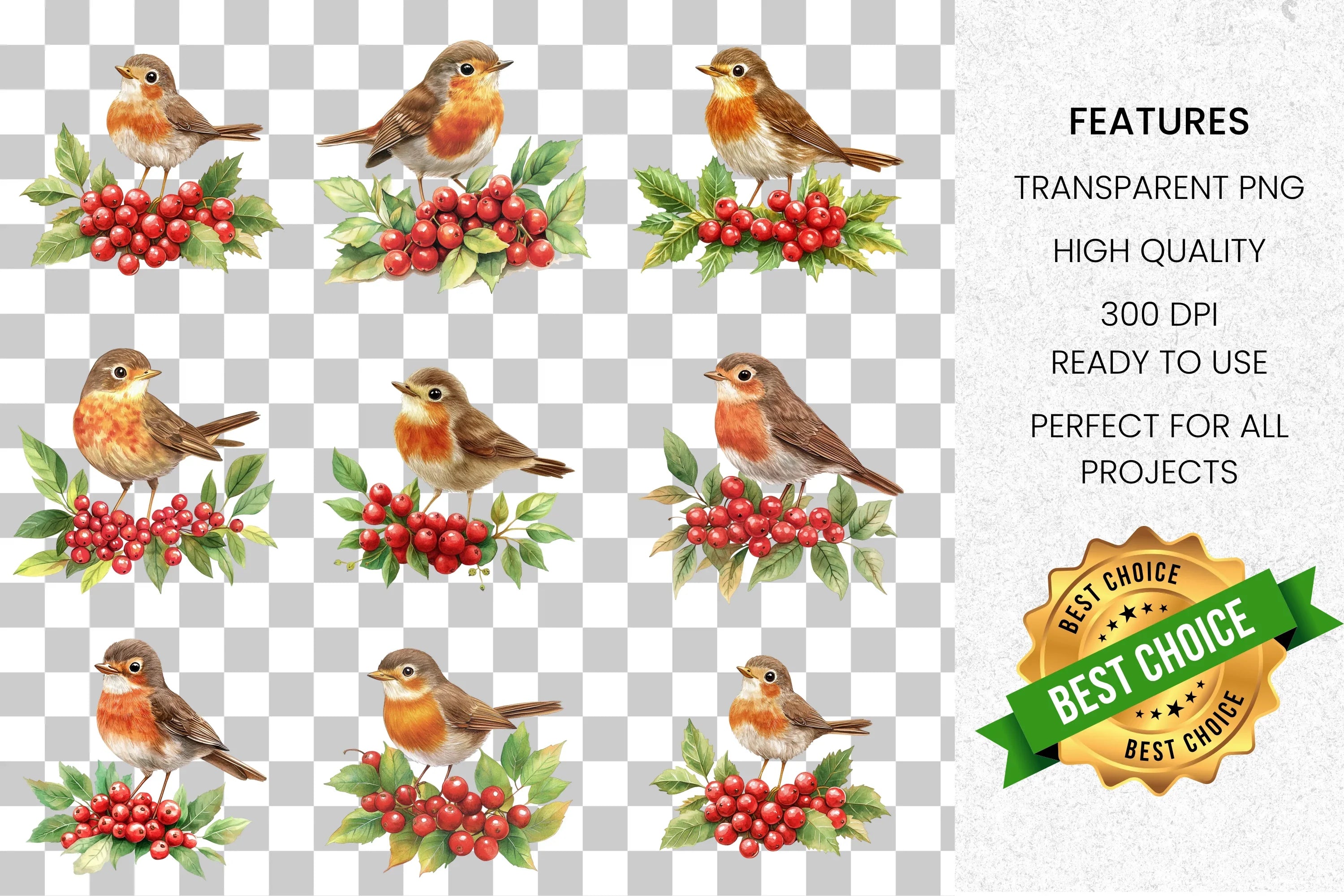 Festive Robin Bird and Holly Berry Clipart Bundle